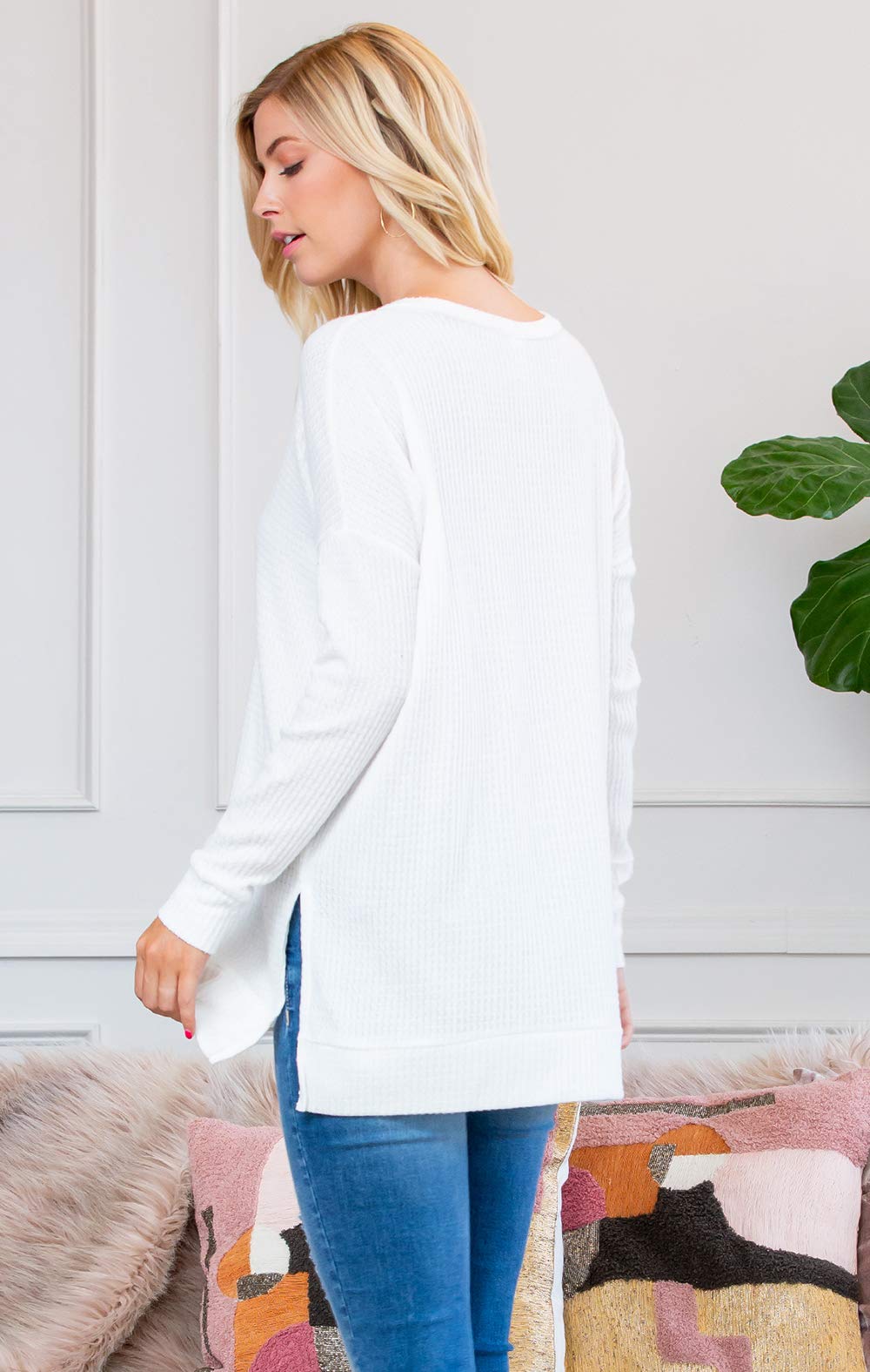 RIAH FASHION Women's Waffle Knit Henley T-Shirt Tunic - Soft Loose Fit Round Neck Long Sleeve Top for Casual Wear | Perfect for Fall Layering, Coffee Dates & Weekend Outfits