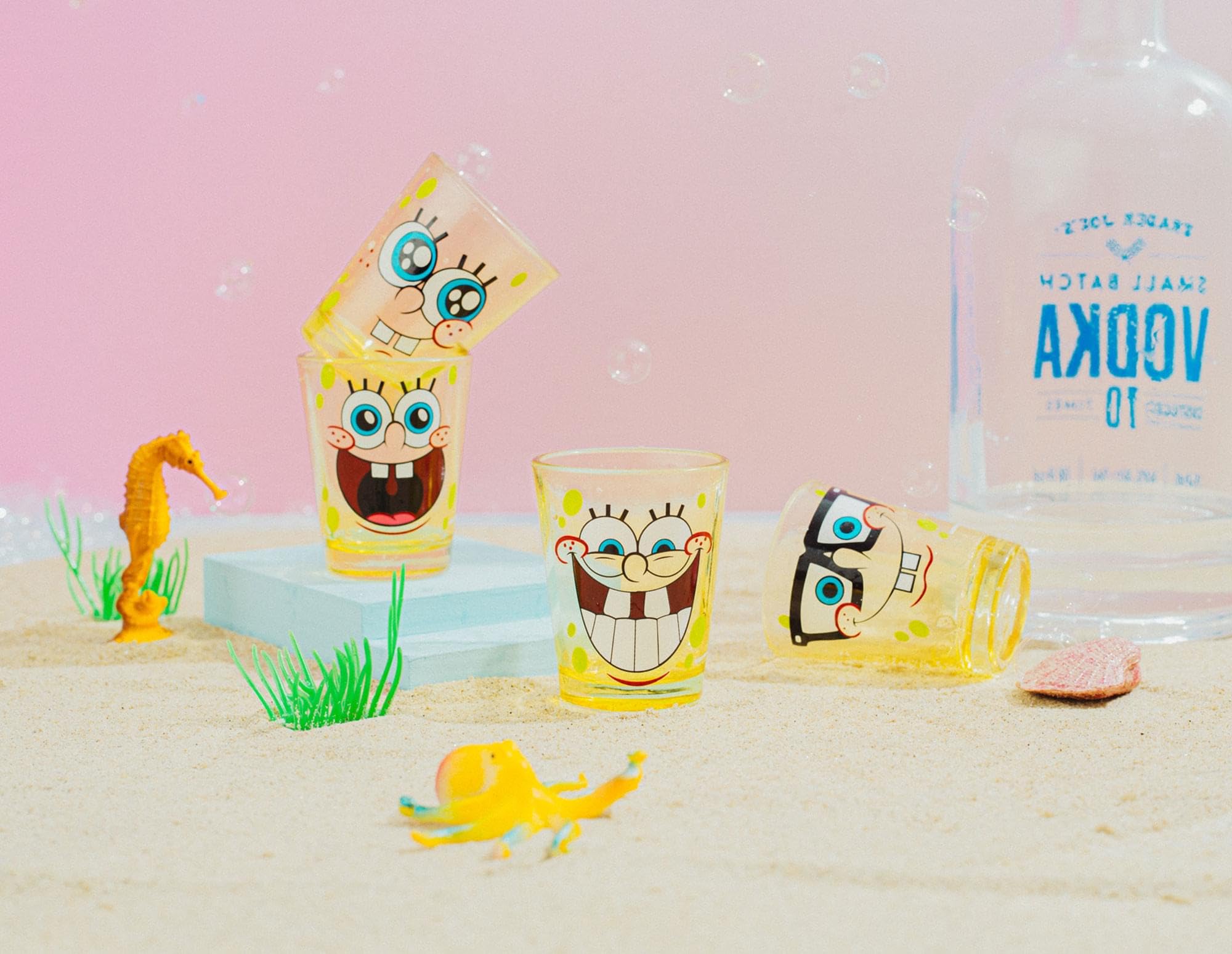 Nickelodeon SpongeBob Faces Mini Glass Set - 4-Pack Collectible Drinking Glasses for Kids & Adults | Perfect for Parties, Gifts & SpongeBob Fans