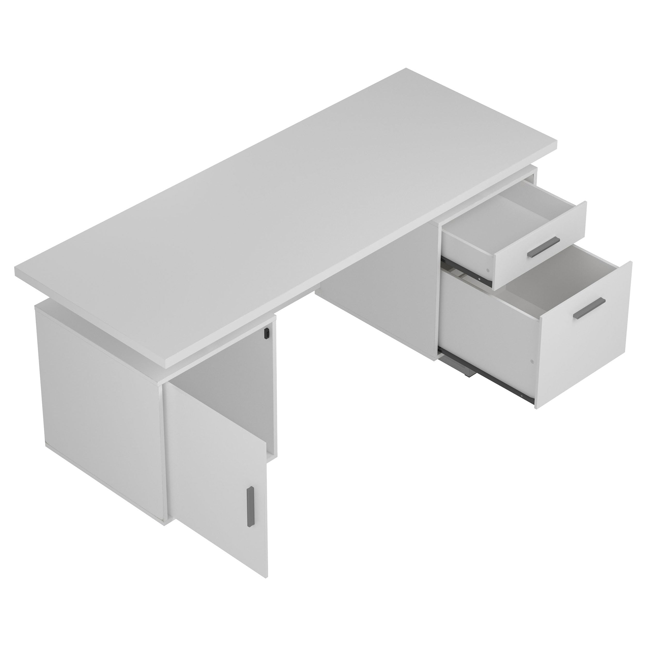 Modern Contemporary 2-Drawer Home Office Writing Desk with Storage File Cabinet - Silver Metal Frame & White High Gloss Finish - Perfect for Small Spaces, Home Offices, and Workspaces (Model 803521)
