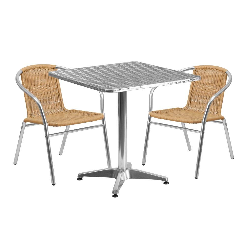 Flash Furniture 27.5'' Square Aluminum Indoor-Outdoor Patio Dining Table Set with 2 Beige Rattan Chairs - Perfect for Backyard, Garden, Poolside & Small Balcony Spaces