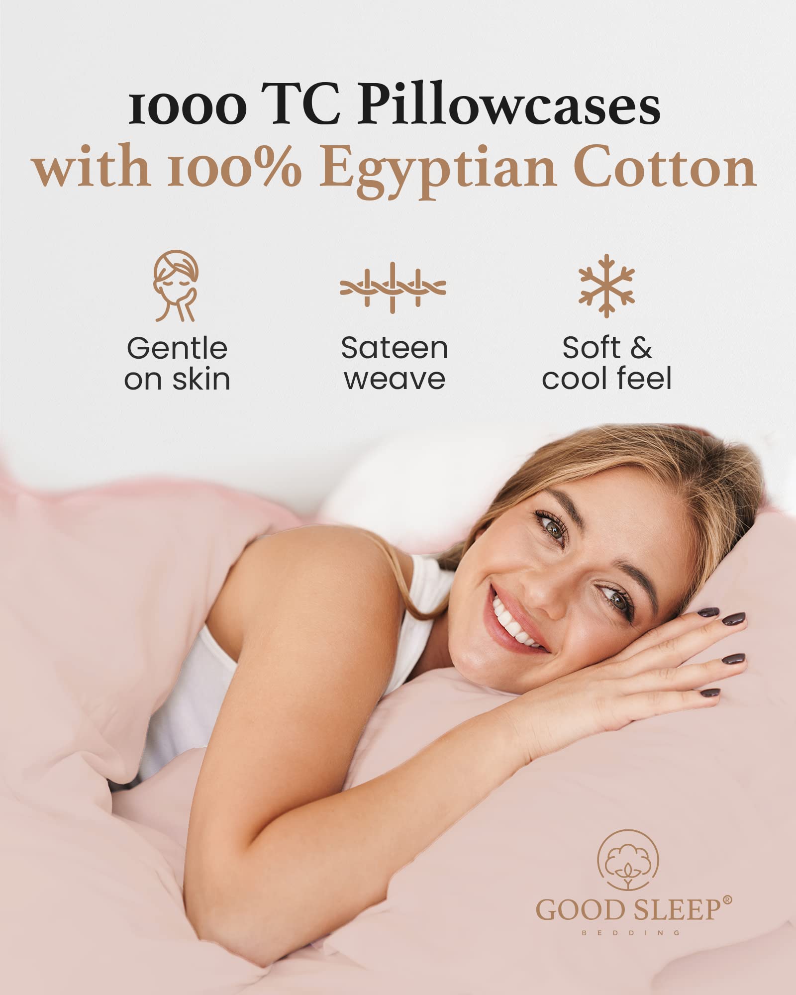 1000 TC Blush Standard Pillowcases Set of 2 - 100% Egyptian Cotton Pillow Covers with Long Staple Cotton & Sateen Weave | Ultra Soft Hotel-Quality Bedding for Comfortable Sleep | Perfect for Master Bedrooms, Guest Rooms & Luxury Hotels