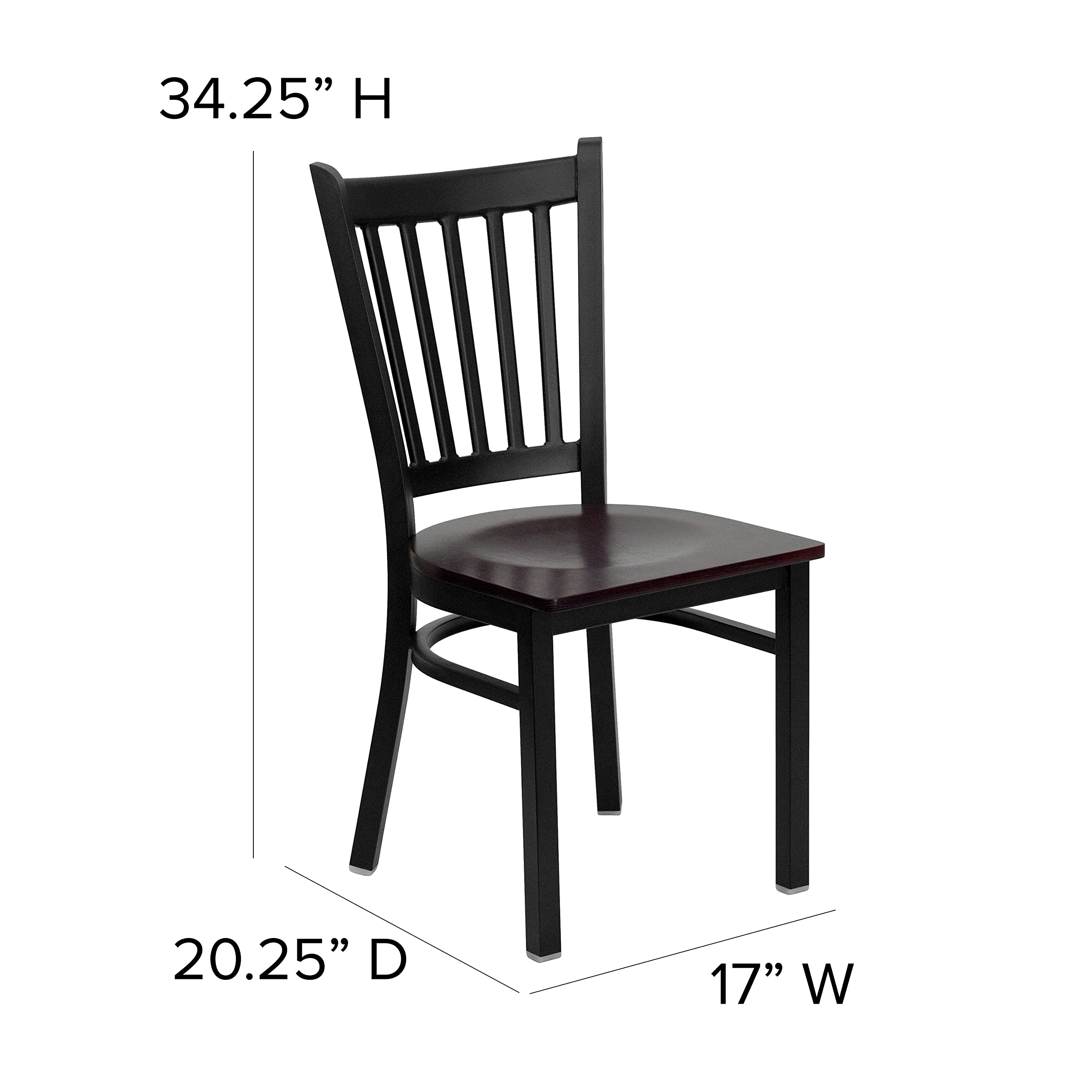 2 Pack Black Vertical Back Metal Restaurant Chairs with Mahogany Wood Seat - Durable & Stylish Dining Chairs for Restaurants, Cafes, and Home Kitchens