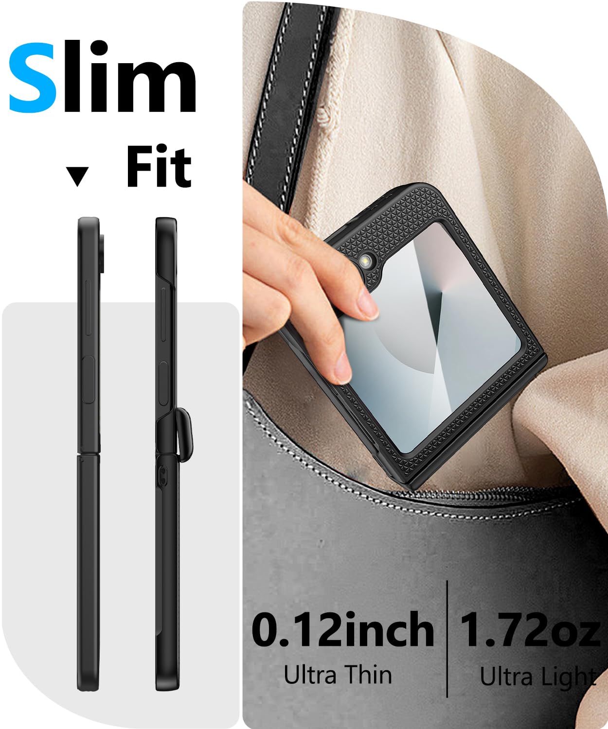 Vihibii Samsung Galaxy Z Flip 6 Case with Hinge Protection & Screen Protector - Slim Shockproof Rugged Cover | Non-Slip Stylish Texture | Perfect for Outdoor Activities, Travel & Daily Protection (2024 Model, Black)