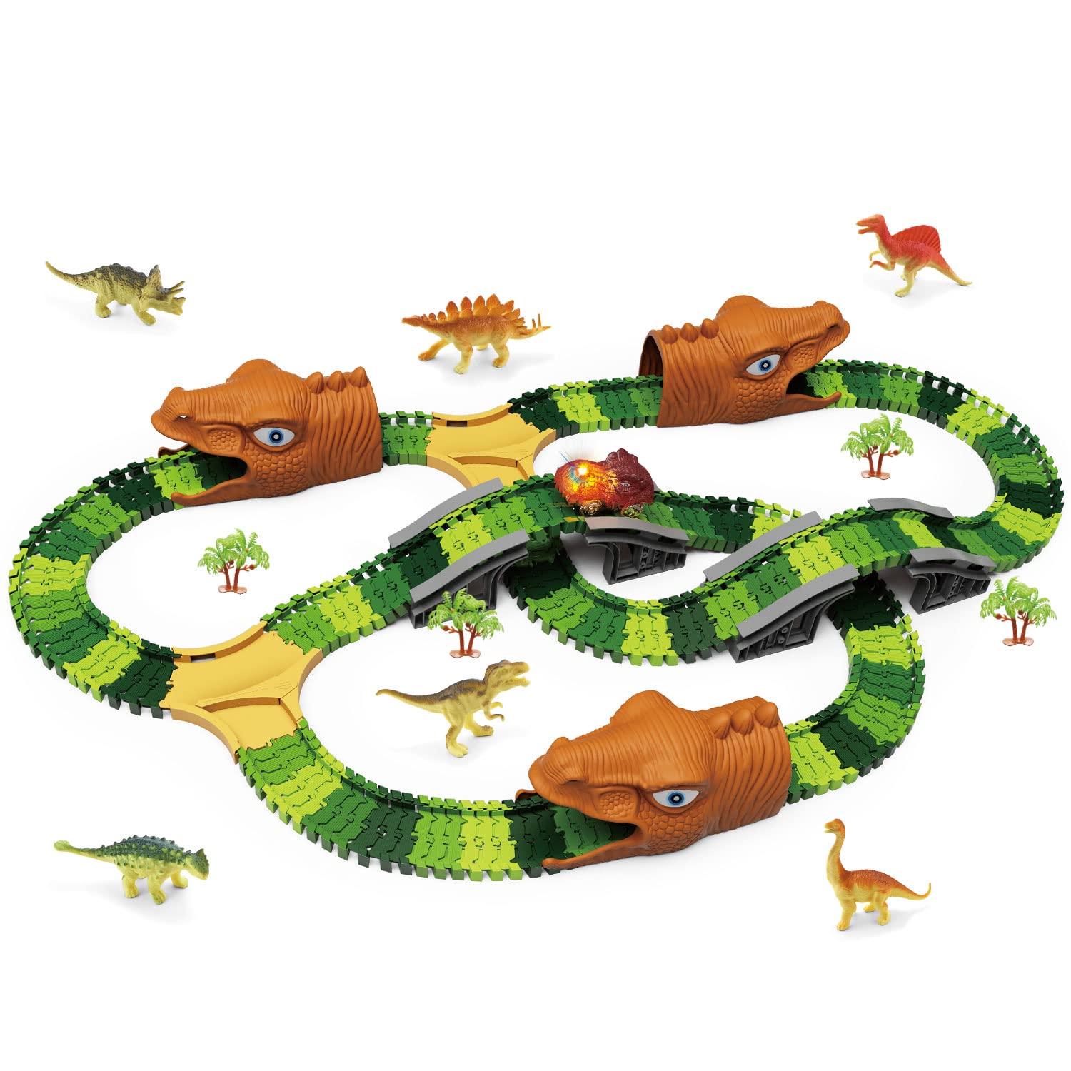 WISHTIME Dinosaur Race Car Track Toys for Boys & Girls - Flexible Dinosaur Road Race Track Set with 360° Loops - Best STEM Learning Toy for Kids Ages 3-8 - Perfect Birthday Gift & Christmas Present for Toddlers (Playroom, Preschool, Indoor Fun)