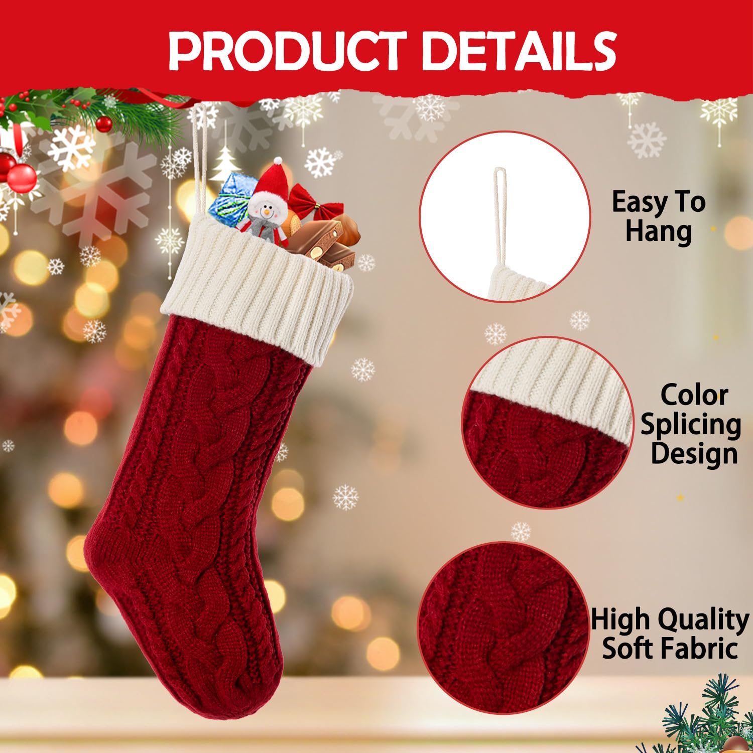 18 Inch Classic Cable Knit Christmas Stockings Set - Large Fireplace Hanging Stockings for Kids & Family - Holiday Party Decorations (Red & White, 1 Pack) | Perfect for Xmas Tree Decor, Mantel Display & Gift Giving
