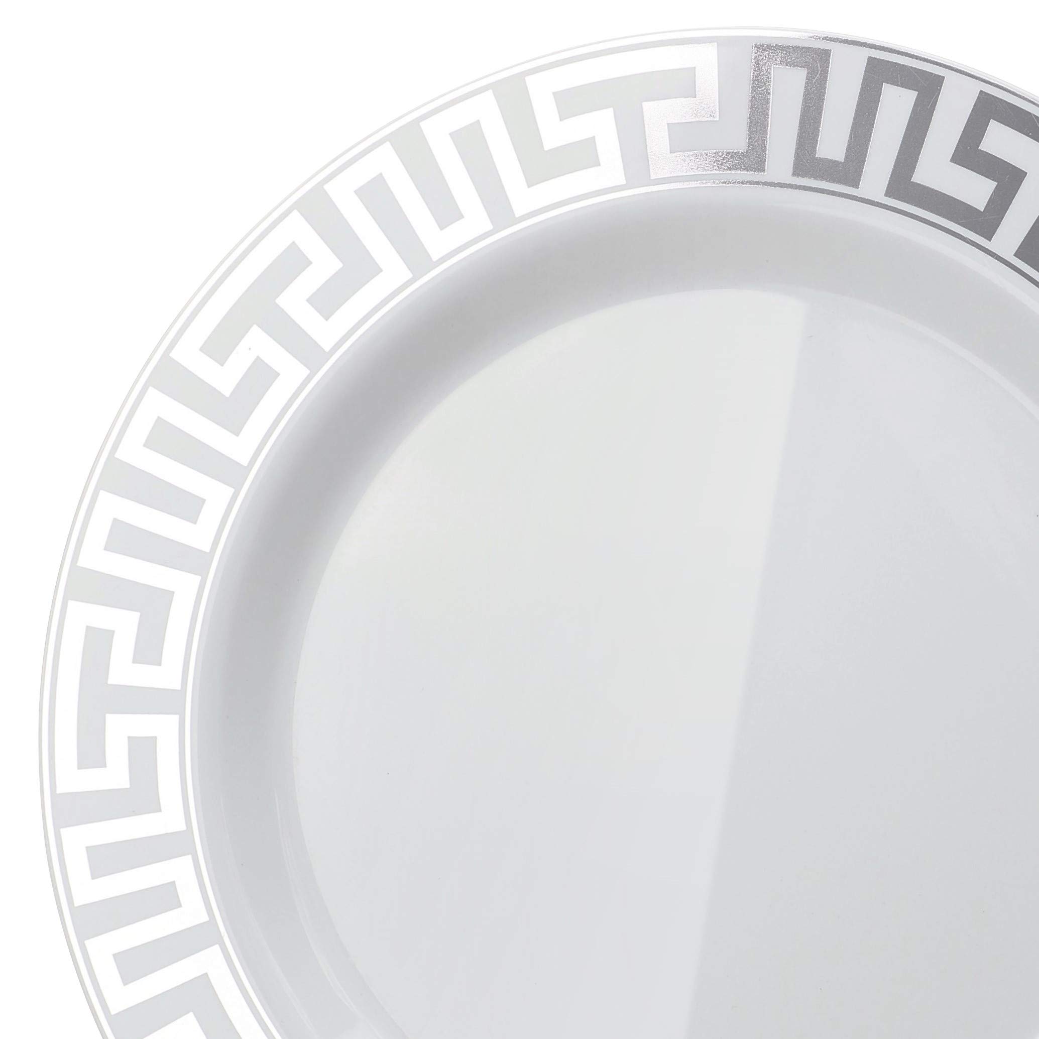 120 Heavyweight Disposable Plastic Plates 10.5 Inch - Elegant White & Silver Milano Design for Weddings, Parties, Events & Special Occasions | Durable Dinner Plates for Catering, Banquets & Home Entertaining