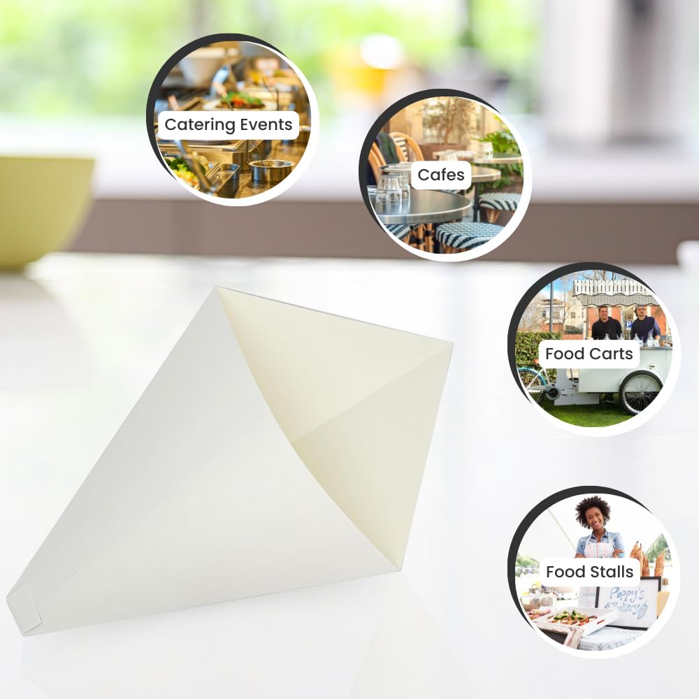 Hong Kong Egg Waffle Cones [Pack of 100] – White, Food Safe Heavy Duty Cardboard, Disposable Dessert Cones for Waffles, Funnel Cakes, Ice Cream & Snacks | Perfect for Street Food Vendors, Takeaway Packaging & Party Serving