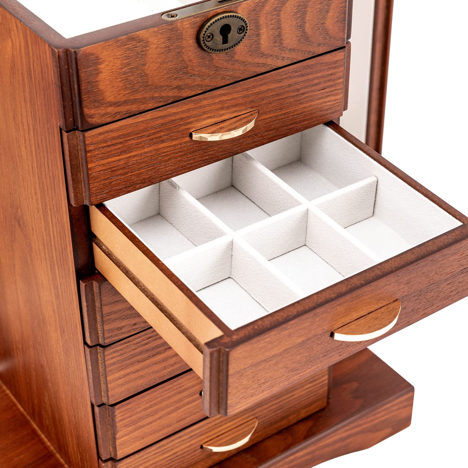 7-Layer Wooden Jewelry Organizer Box for Women - Large Rustic Storage with Drawers & Mirror for Necklaces, Earrings, Rings & Bracelets - Perfect for Bedroom, Dressing Table & Living Room Decor (Walnut)