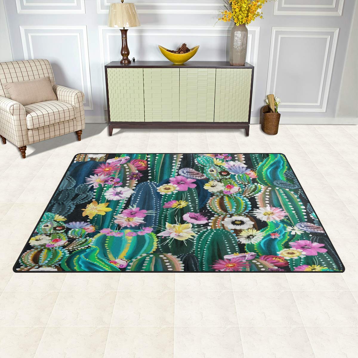 Blooming Cactus Doormat 3x5 Feet - Indoor Floor Carpet for Girls Room & Home Decor