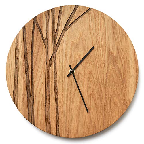 PAULIS 12 Inch Oak Wood Wall Clock - Handcrafted Rustic Home Decor for Living Room, Bedroom, Office | Silent Non-Ticking Mechanism, Large Easy-to-Read Numbers