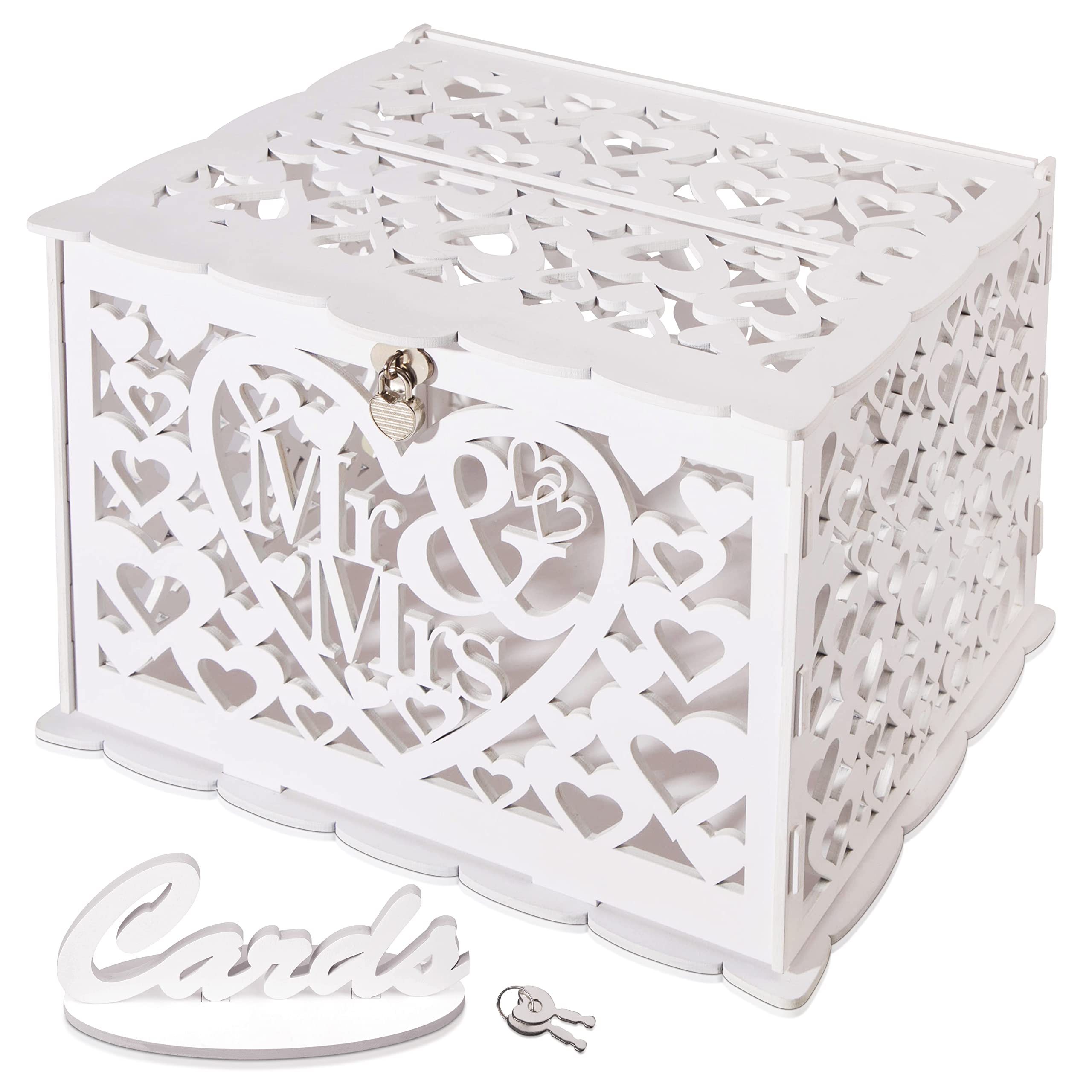 GLM Rustic Wedding Card Box with Lock & Key - Secure Money Gift Holder for Wedding Reception Decor - Elegant White Card Box for Bridal Shower & Anniversary Celebrations