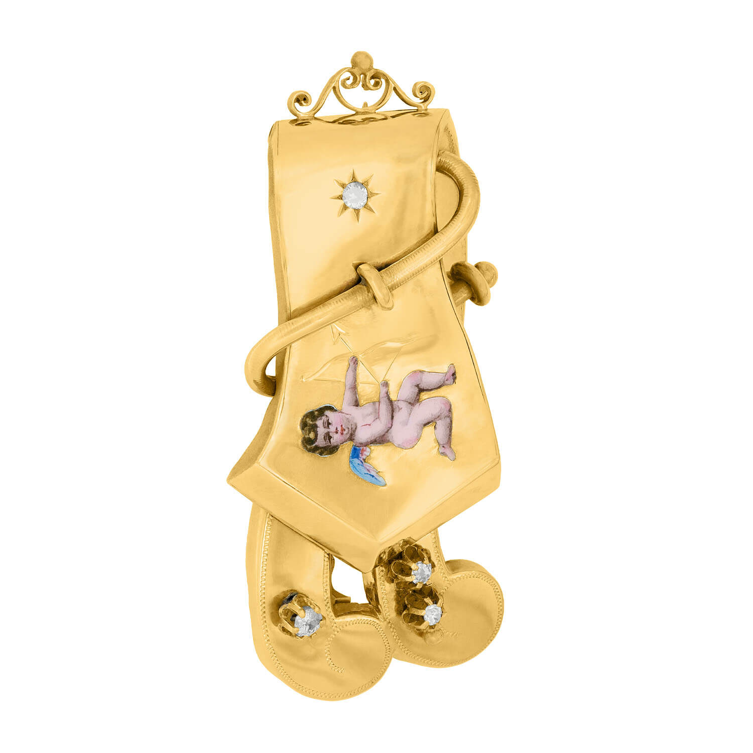 Victorian Style 14k Gold Cherub Enamel & Diamond Buckle Bracelet, Earrings & Brooch Jewelry Set - Perfect for Weddings, Anniversaries & Vintage-Themed Events