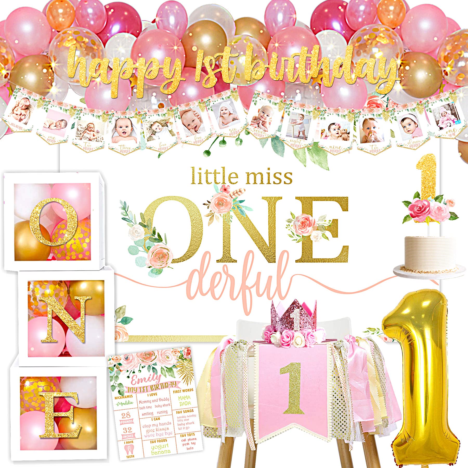 Baby Girl 1st Birthday Party Decorations Set - Balloon Boxes, Backdrop, High Chair Banner, Crown & Photo Banner for First Birthday Celebration | Perfect for Cake Smash, Photoshoot & Nursery Decor