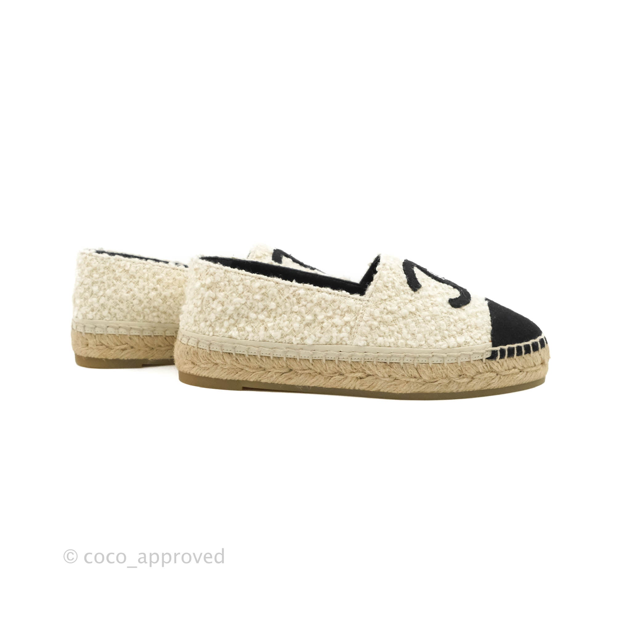 Chanel CC Logo Tweed Black & White Espadrilles Flats - Women's Size 36 | Comfortable & Stylish for Casual Outings, Beach Walks & Summer Fashion
