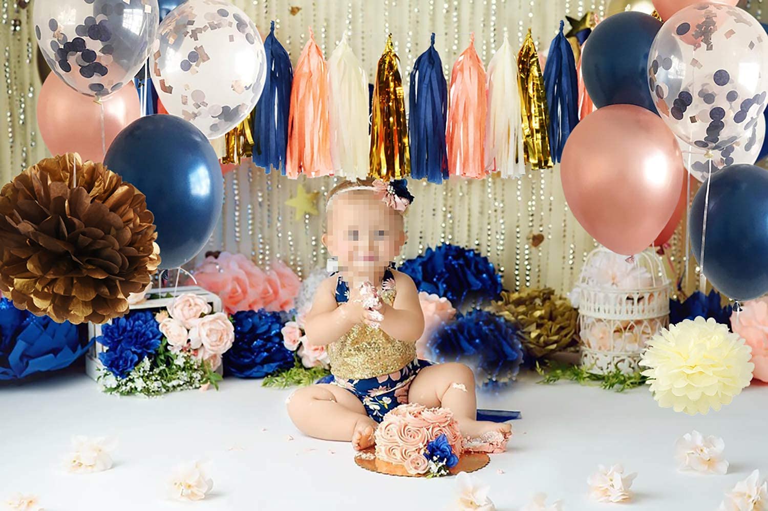 Navy Rose Gold Birthday Party Decorations for Women - Gender Reveal, Bridal Shower & Bachelorette Party Supplies - Elegant Navy Peach Wedding Balloons & Decors by Qian's Party - Perfect for Baby Showers, Anniversary Celebrations and Special Events