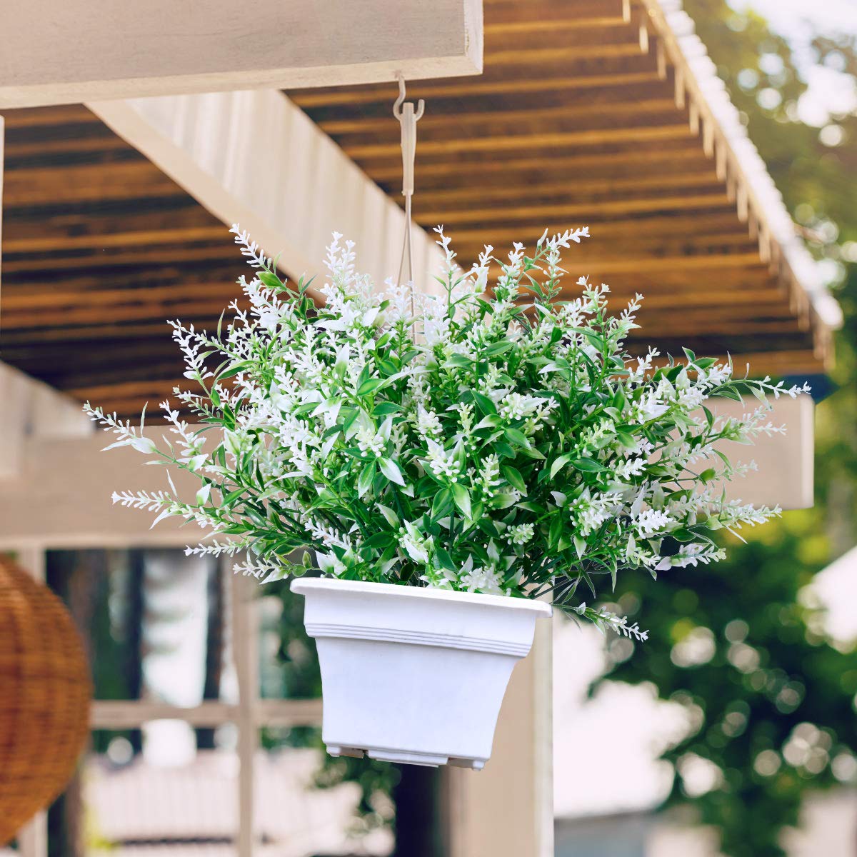 8 Bundles Artificial Lavender Flowers UV Resistant Outdoor Fake Plants - No Fade Plastic Faux Flowers for Garden, Porch, Window Box Decor - Perfect for Home, Wedding, Party & Office Decoration (White)