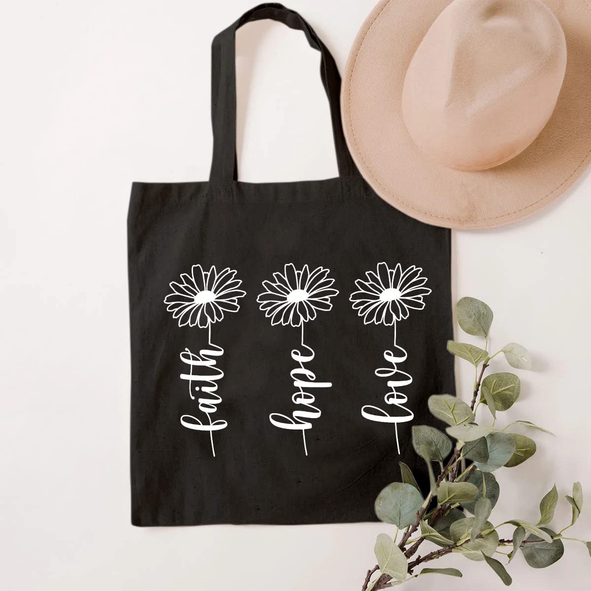 SAUIVD Faith Hope Love Eco-Friendly Tote Bags - Daisy Floral Christian Reusable Canvas Grocery Shopping Bag for Church, Bible Study & Daily Use