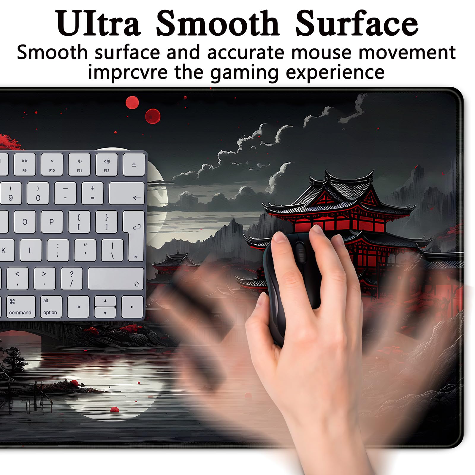 Japanese Riverside Full Moon Extended XXL Desk Mat - 31.5 x 15.7 Inch Large Gaming Mouse Pad & Keyboard Mat in Black & Red - Perfect for Office, Gaming Setup, and Laptop Computer Workstation Decor