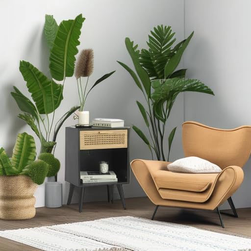 MaxSmeo Mid Century Modern Nightstand - Rattan Bedside Table with Drawer for Bedroom, Living Room & Small Spaces - Black Wooden End Table - Perfect for Storing Books, Lamps & Bedroom Essentials