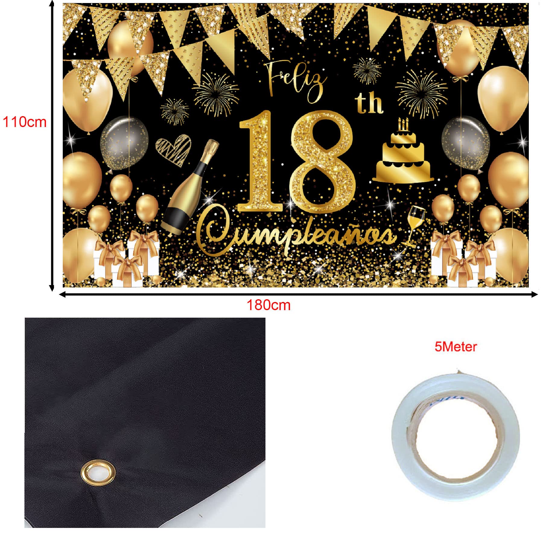 Happy 18th Birthday Decorations Kit - Spanish 'Feliz Cumpleaños 18' Banner with 15 Balloons, Black & Gold Theme for Party Backdrop - Perfect for Milestone Birthday Celebrations, Sweet 16-18 Parties & Quinceañera Decor