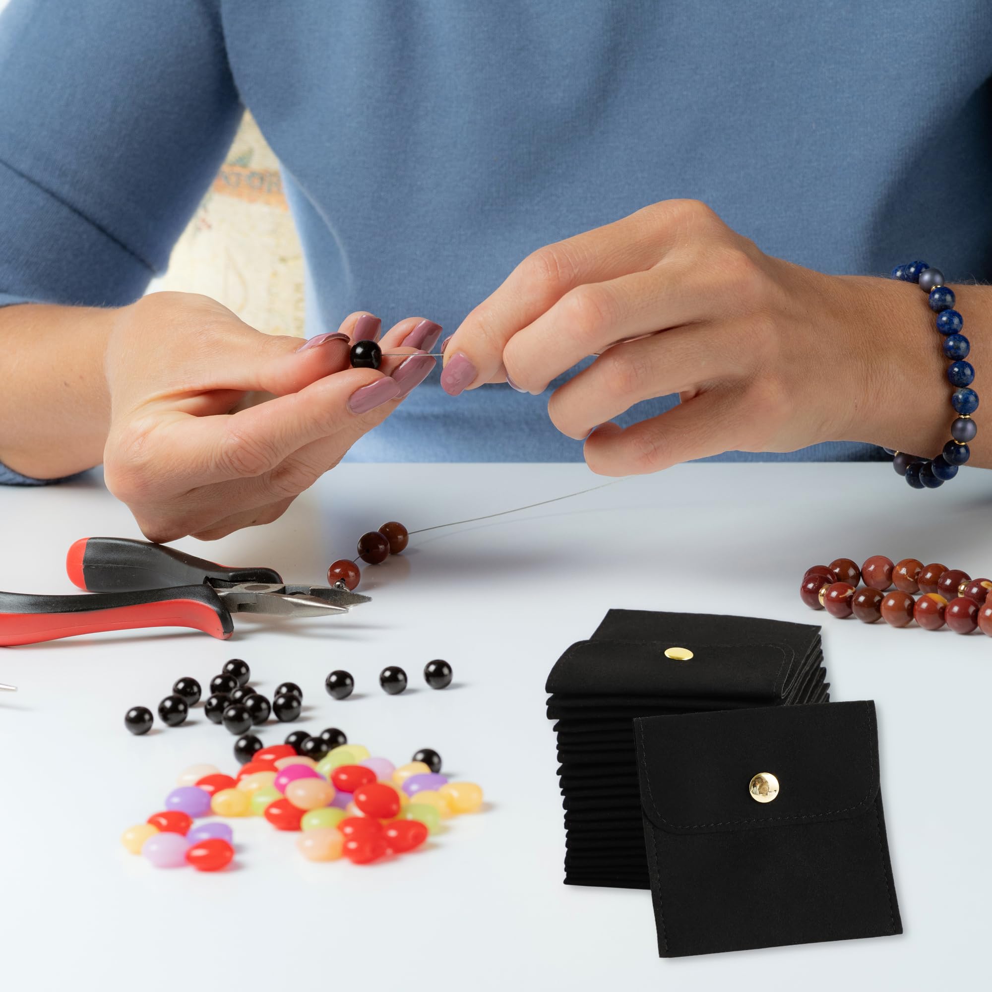 40-Piece Black Microfiber Jewelry Pouch Set with Button Closure (8x8cm) - Luxury Small Gift Bags for Earrings, Necklaces, Bracelets & Rings - Perfect for Jewelry Packaging, Wedding Favors & Retail Displays