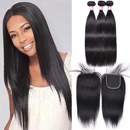 XCCOCO 8A Unprocessed Peruvian Full Straight Virgin Hair Bundles - 3 Bundles with Lace Closure (14