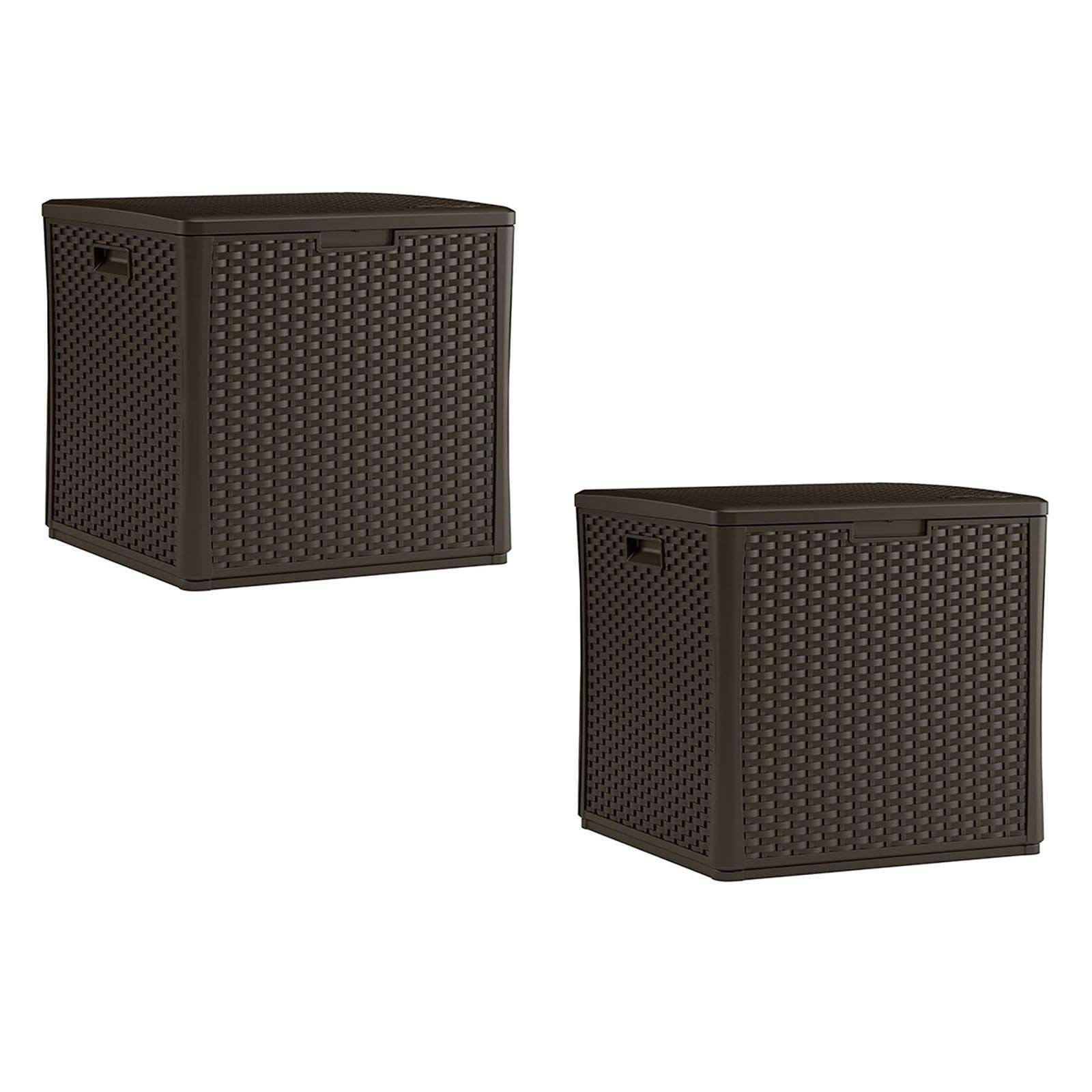 Suncast 60 Gallon Resin Wicker Deck Storage Box - 2 Pack, Java Brown - Outdoor Patio Furniture Organizer for Cushions, Toys & Garden Tools