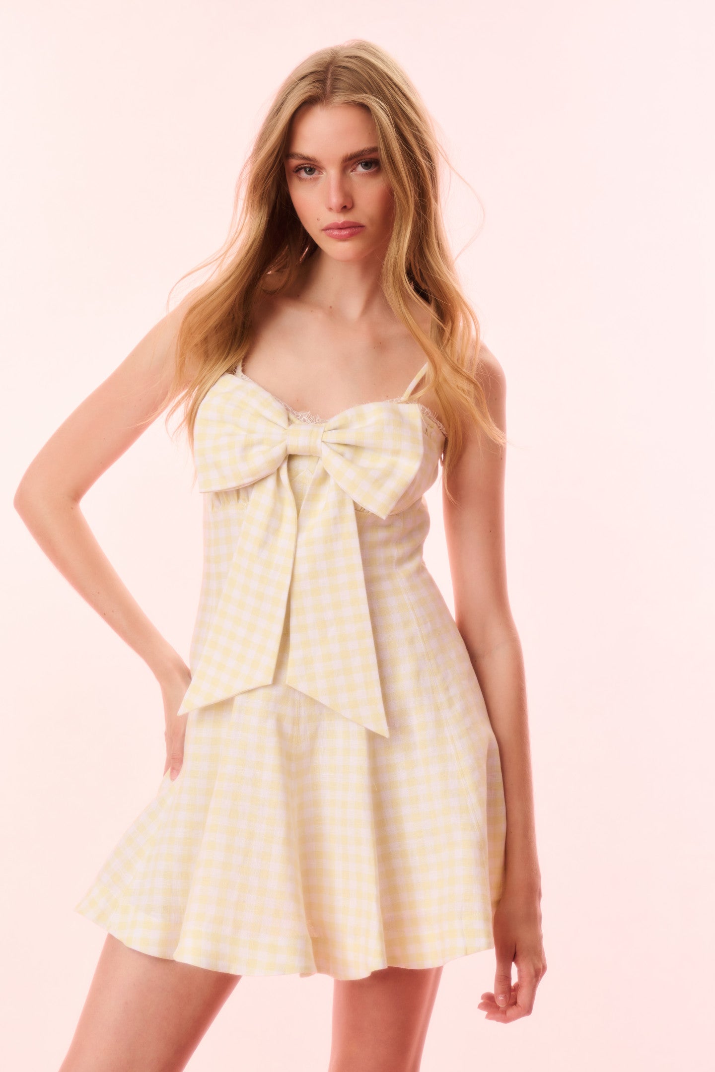 Clarine Linen Gingham Bow Dress for Women - Summer Floral Print A-Line Sundress with Puff Sleeves | Perfect for Beach Vacation, Garden Party & Casual Outings