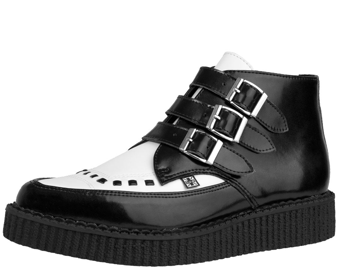 T.U.K Black & White Leather 3-Buckle Creeper Boots for Women - Punk Rock Gothic Platform Shoes for Concerts & Night Out