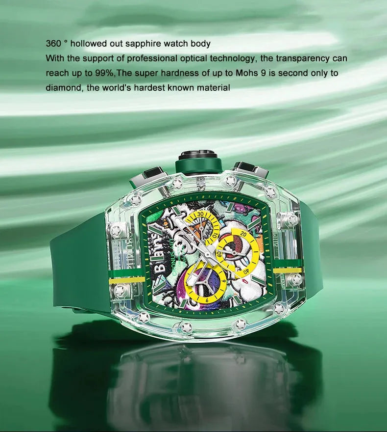 CRONUSART Men's Chronograph Watch - Tonneau Sapphire Crystal Case, Automatic Mechanical Wristwatch with Luminous Hands, Skeleton Dial & Triple Calendar Display - Durable Fluororubber Strap for Business, Casual & Outdoor Activities