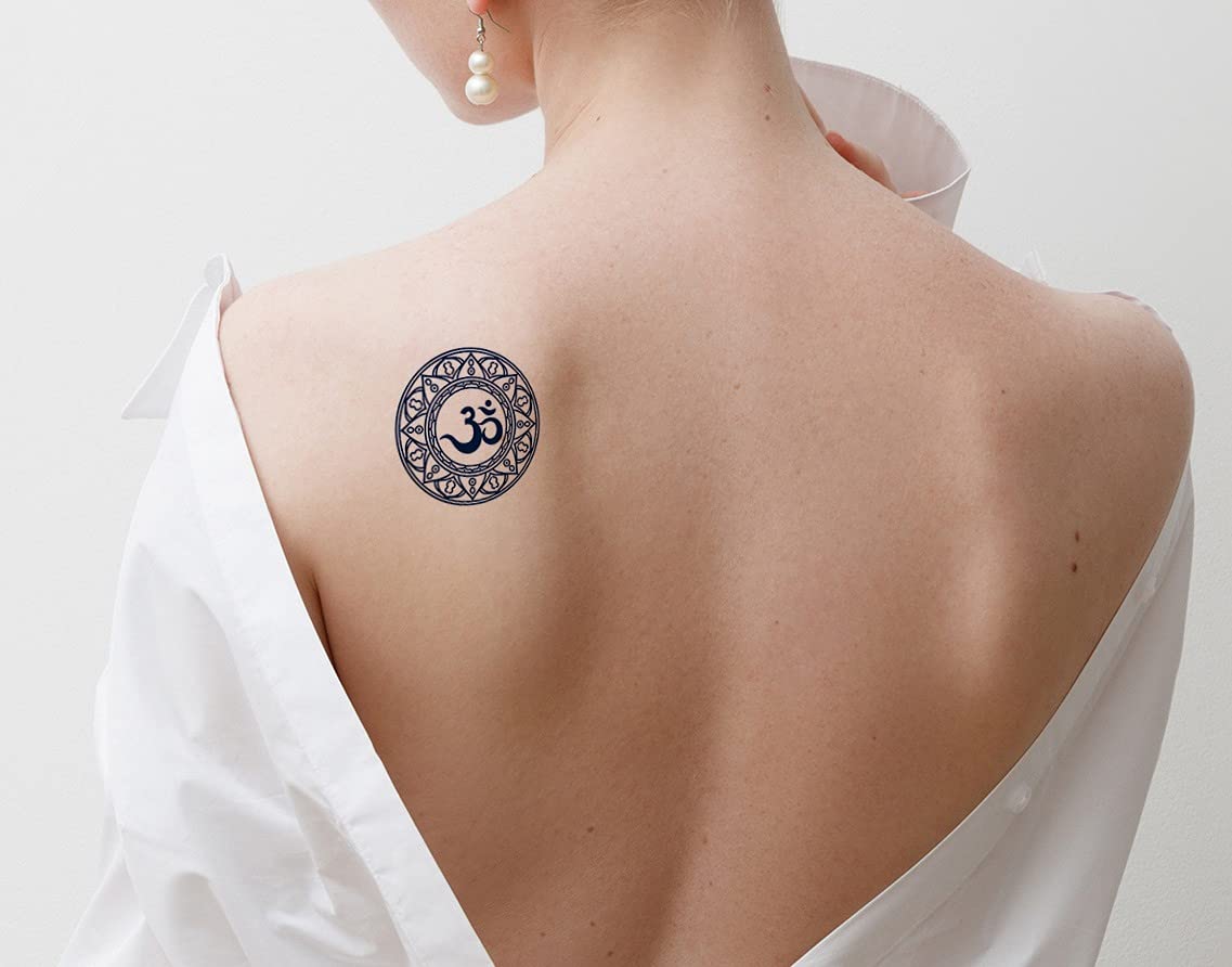 Semi-Permanent Temporary Tattoo Ink - Lasts 1-2 Weeks - Sacred AUM Mantra & Power Symbols in Navy Blue - Realistic Body Art for Men & Women - Chest, Neck, Arm Tattoos - 4 Sheets - Perfect for Spiritual Practice, Yoga, Meditation & Festival Body Art