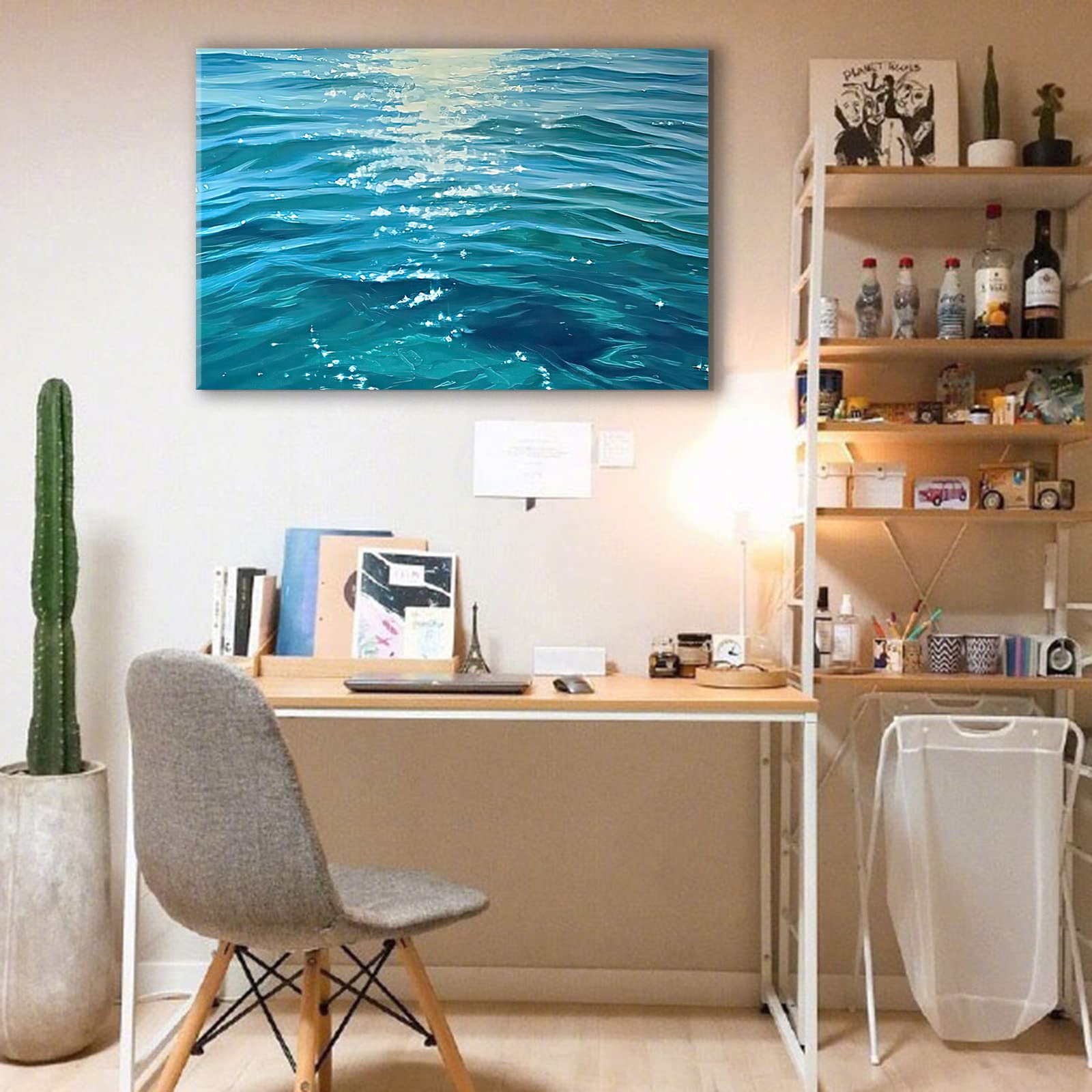 Looife Ocean Wave Canvas Wall Art - Cyan Sparkling Sunset Seascape Painting, Framed Ready-to-Hang Canvas Print (48x36 Inch) - Inspirational Beach Decor for Living Room, Office & Coastal Home Decor