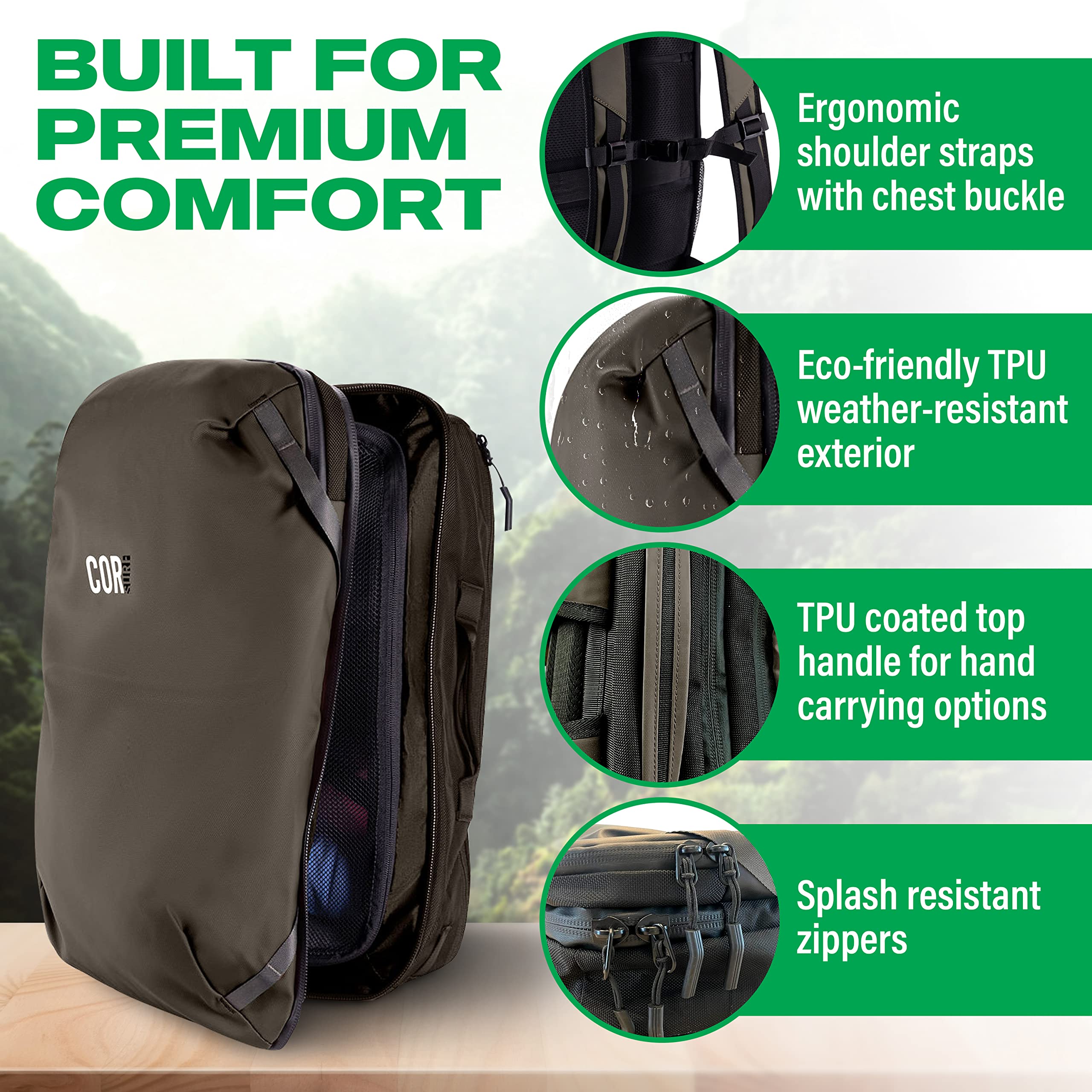 **COR Surf Travel Backpack - 38L Flight Approved Carry-On Laptop Backpack for Men & Women with Secret Passport Pockets | Water-Resistant Large Daypack, Business Weekender & Island Hopper Luggage (Black) - Perfect for Air Travel, Commuting & Outdoor Adventures**