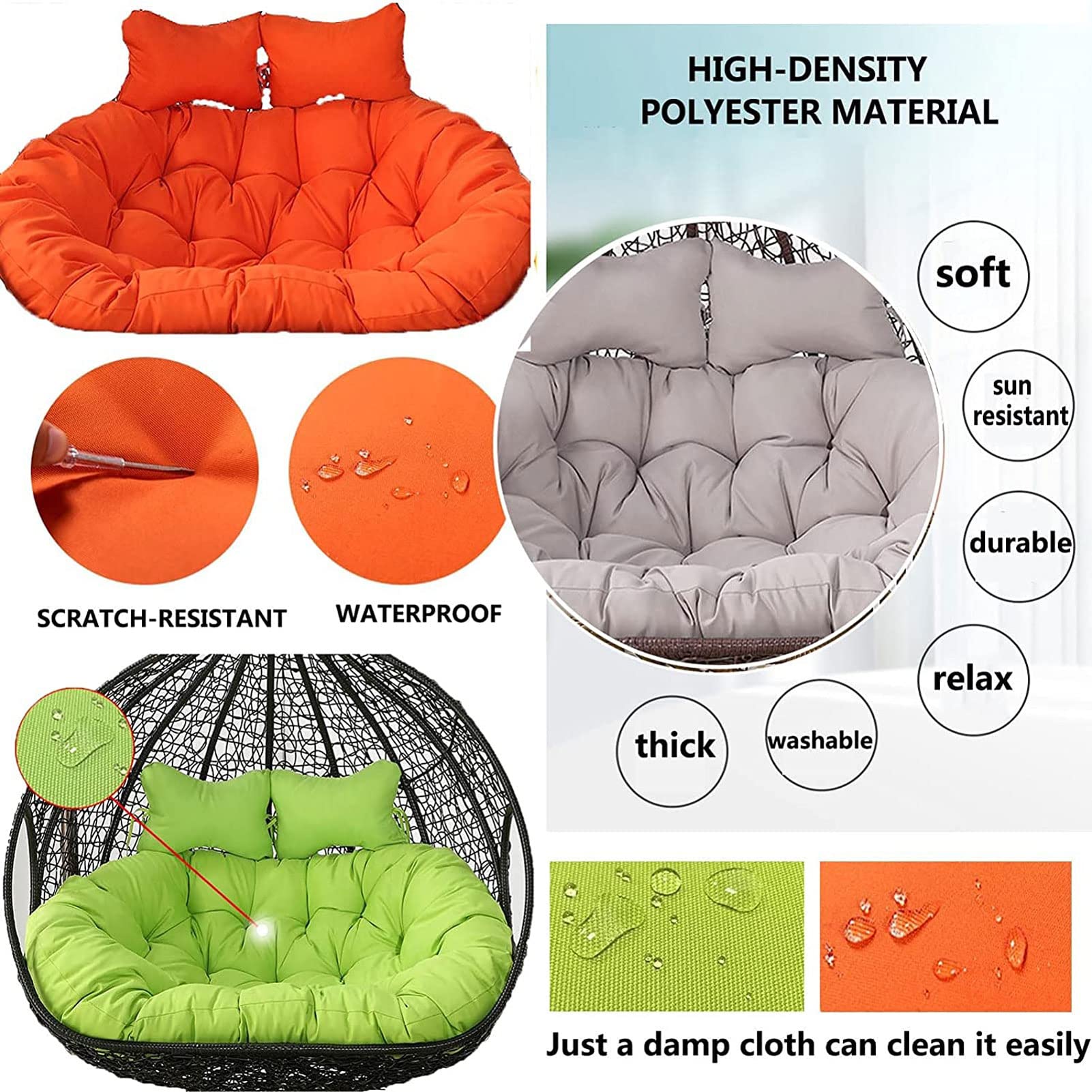 Waterproof & Detachable 2-Person Hammock Swing Chair Cushion Replacement - Double Egg Chair Seat Pad for Indoor/Outdoor Use - Perfect for Garden, Patio, Balcony & Backyard Relaxation (Orange)