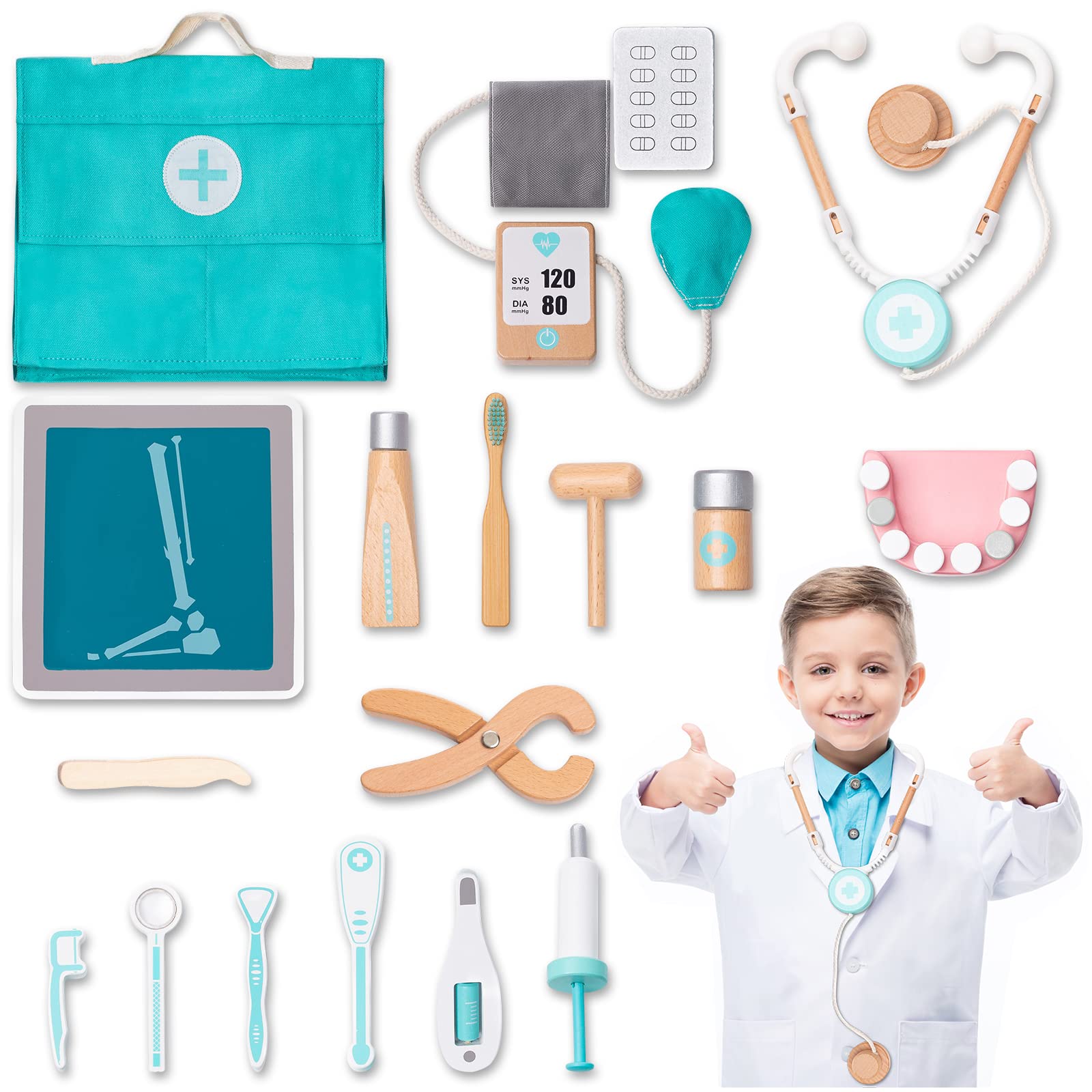 18-Piece Wooden Doctor Kit for Kids - Montessori Toddler Doctor Playset Toys for 3 Year Old Boys & Girls - Pretend Play, Role Play & Early Learning Toy for Preschoolers