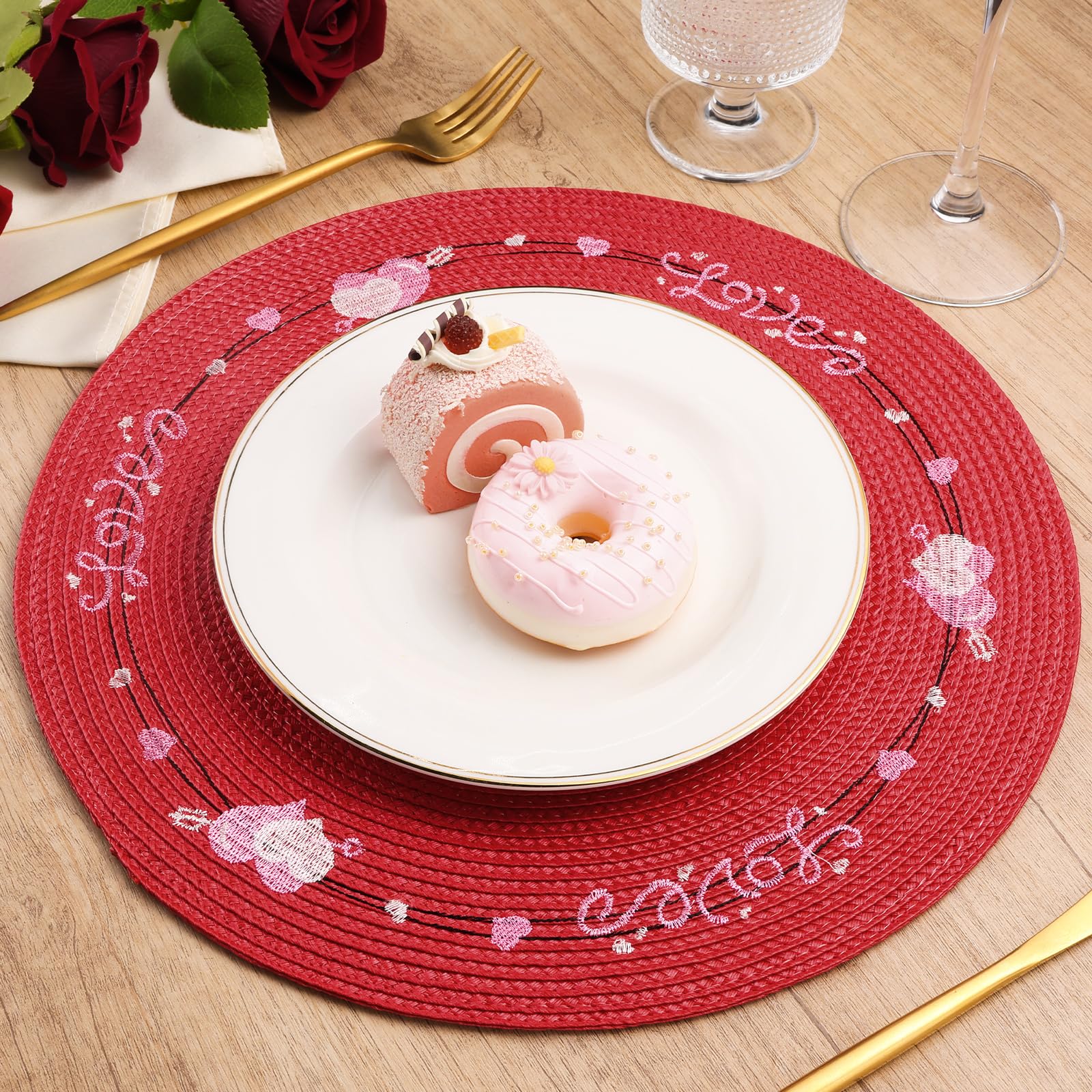 6-Piece Heart-Shaped Placemats Set - Red Round Table Decor for Weddings, Mother's Day & Farmhouse Dining | Indoor Kitchen Decorations for Parties & Everyday Use