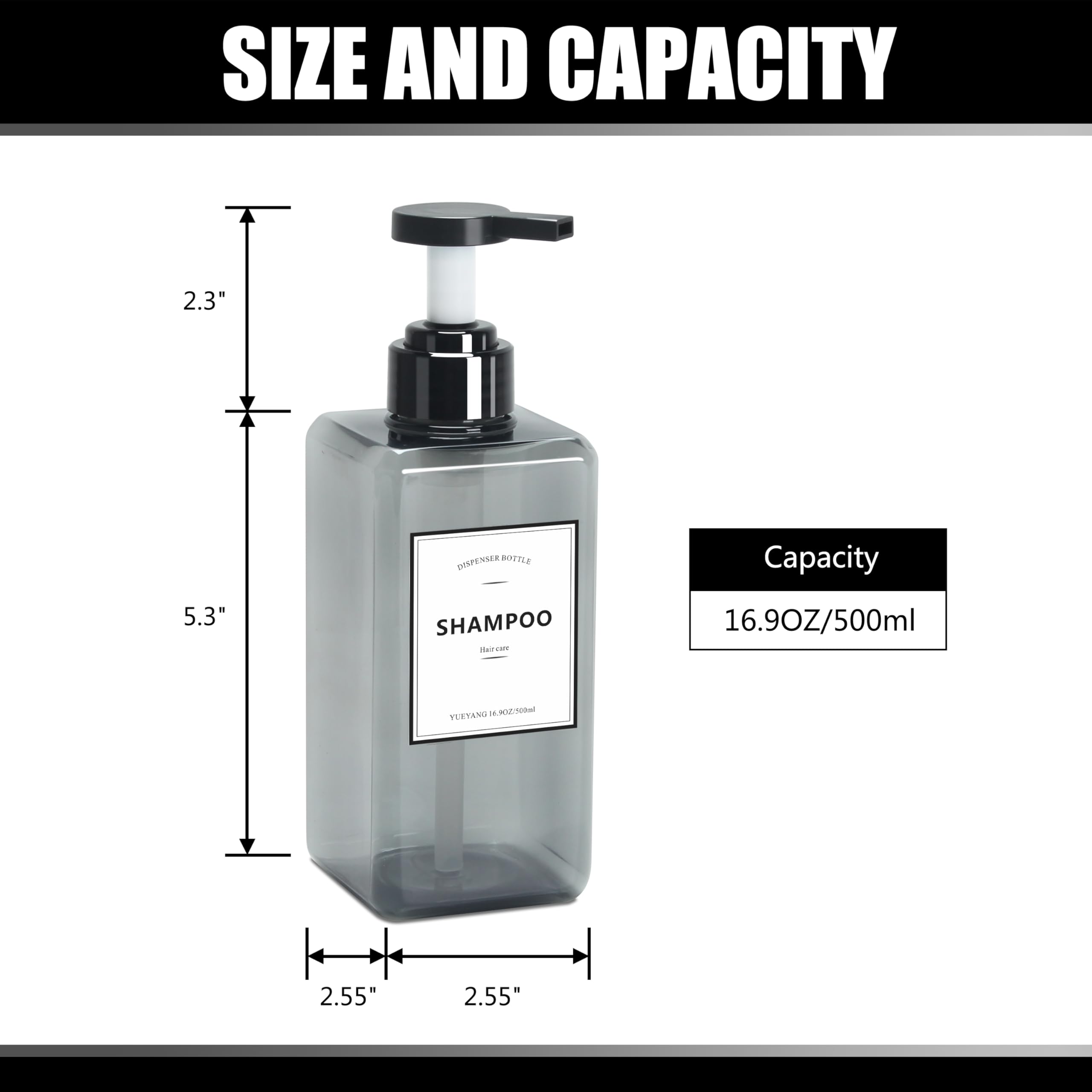 YACEYACE 16.9oz Clear Grey Soap Dispenser Set of 3 - Refillable Kitchen & Bathroom Pump Bottles for Liquid Soap, Shampoo & Lotion - Perfect for Countertop Organization & Home Decor