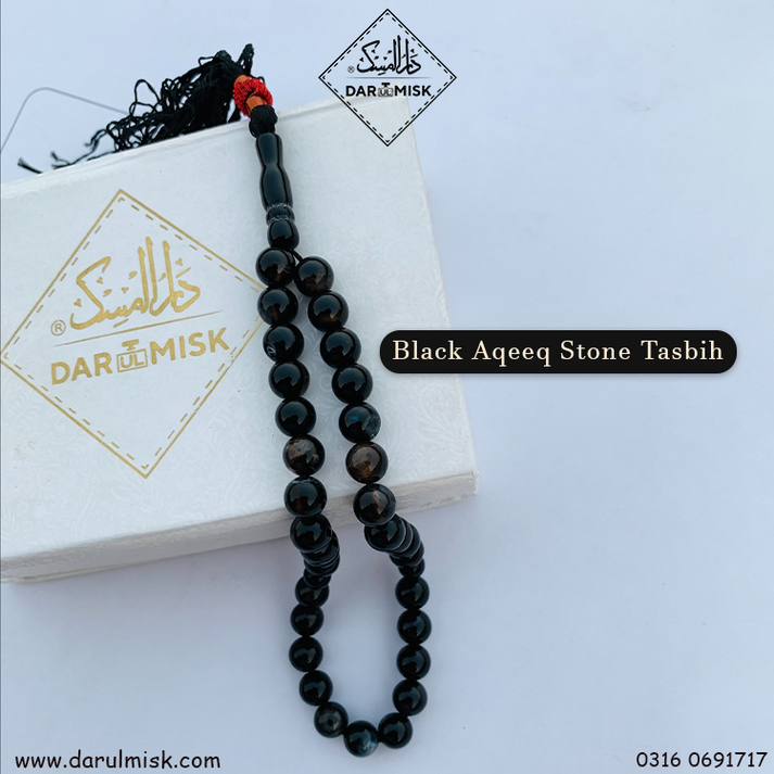 Premium Black Aqeeq Stone Tasbih Prayer Beads - Medium Size Islamic Rosary with 100 Counts | Perfect for Daily Dhikr, Meditation & Spiritual Healing