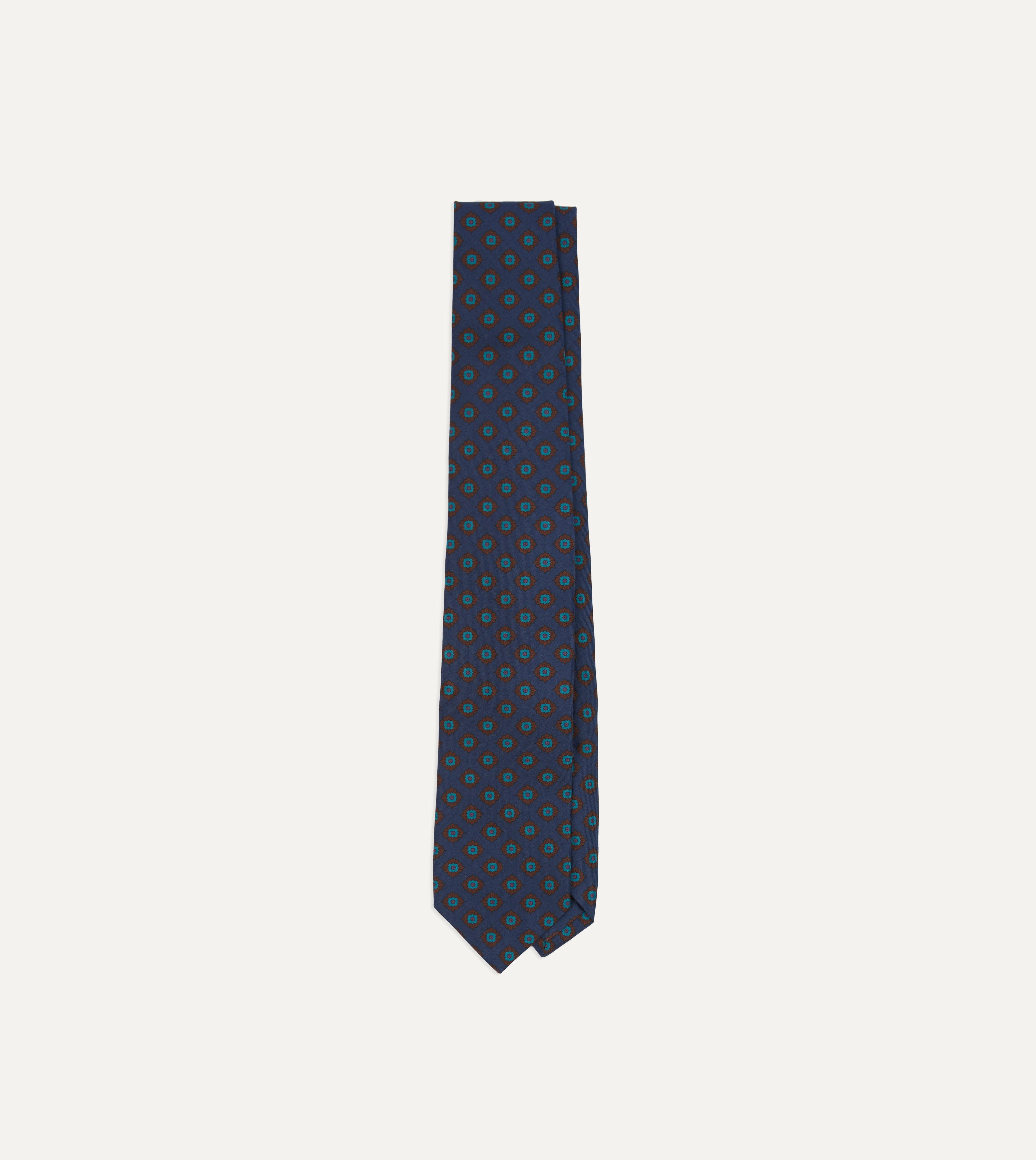Navy Blue Silk Necktie with Square Flower Medallion Print - Elegant Self-Tipped Design for Business, Weddings & Formal Occasions