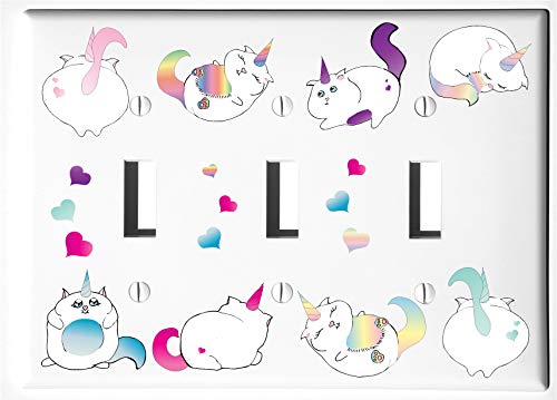 Caticorn Light Switch Plate & Outlet Covers - Cat Unicorn Themed Kids Room Decor for Nursery, Bedroom & Playroom - Triple Toggle Switch Cover - Whimsical Wall Decor for Children's Spaces