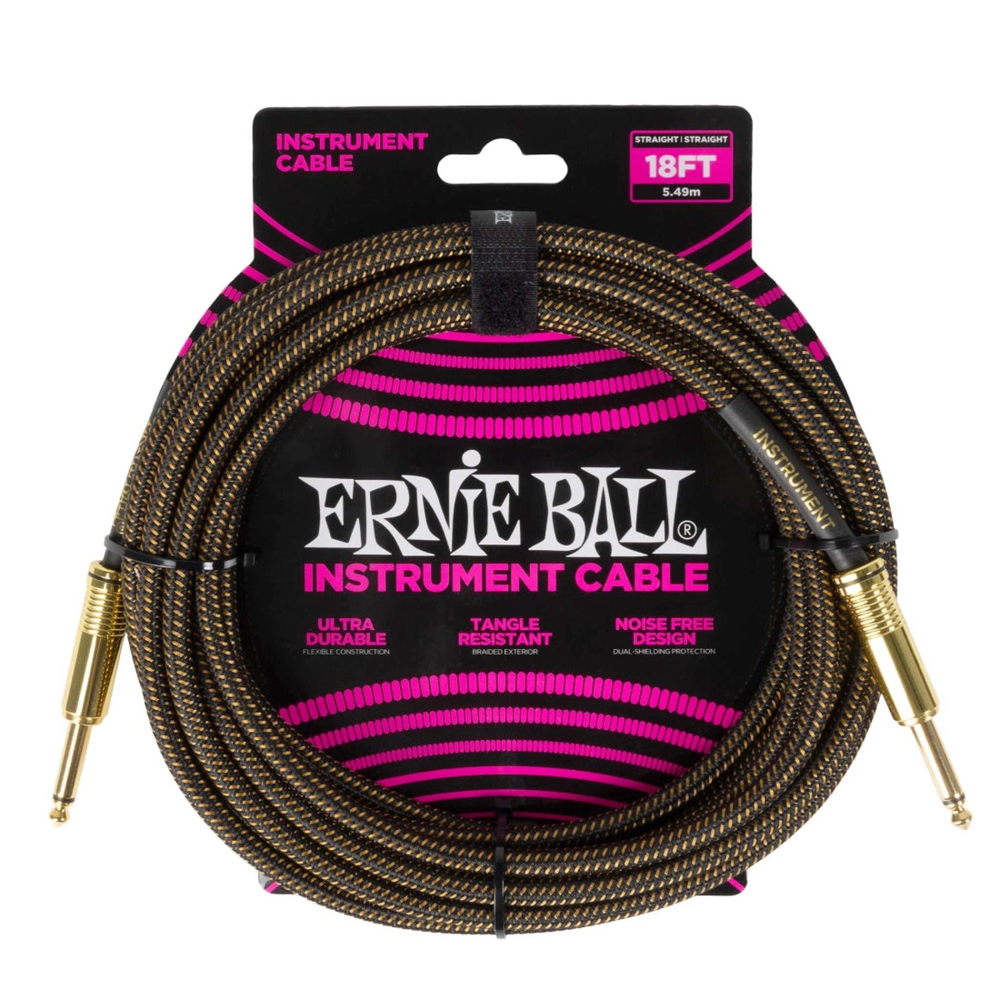 Ernie Ball 18ft Braided Instrument Cable - Premium Guitar & Bass Cable with Gold Plated Connectors | Perfect for Live Performances, Studio Recording & Stage Use