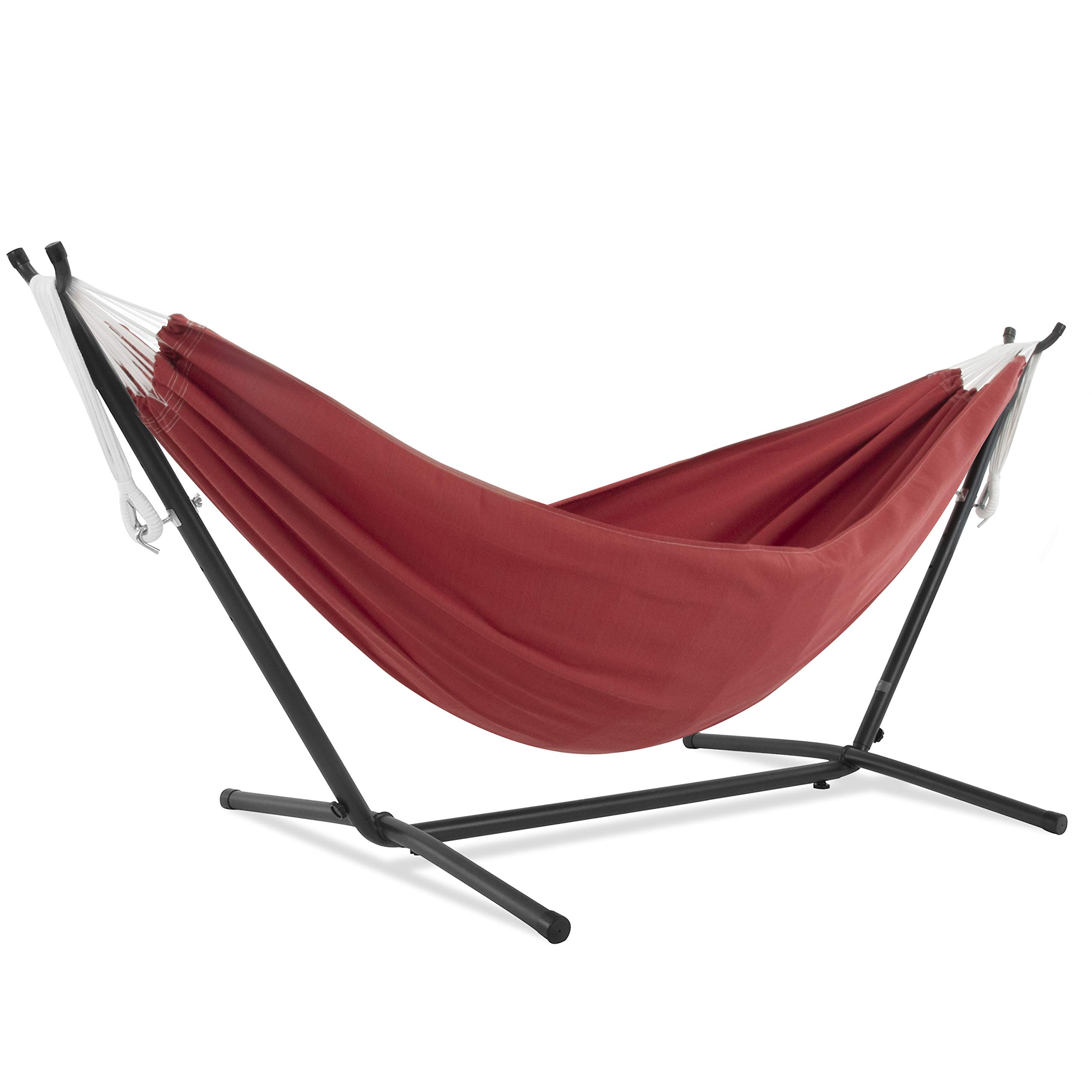 Premium Vivere Double Sunbrella Hammock with Space-Saving Steel Stand - 450 lb Weight Capacity - Includes Carry Bag (Crimson) - Perfect for Backyard, Patio, Camping & Outdoor Relaxation