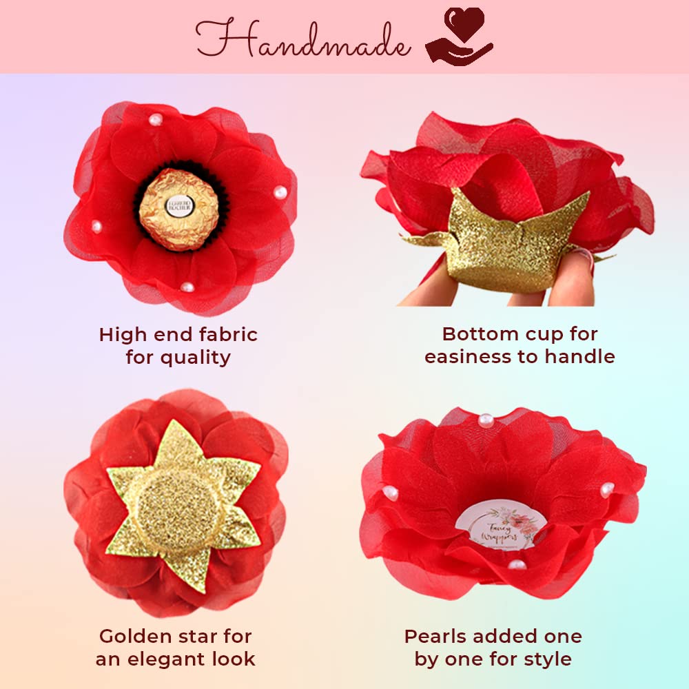 24 Elegant Fabric Flower Truffle Wrappers with Pearl Accents | Mini Cupcake Liners for Wedding Favors | Chocolate Covered Strawberry Supplies | Strawberry Shaped Liners for Desserts | Brigadeiro Molds | Perfect for Weddings, Baby Showers & Party Decorations