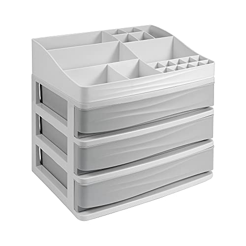 OBMMIRAO Large Grey Cosmetic Makeup Organizer with 3 Drawers - Plastic Skincare & Beauty Storage Box for Bathroom Countertop - Perfect for Nail Polish, Lipsticks, Brushes & Makeup Accessories (Great for Vanity, Dressing Table & Travel Organization)