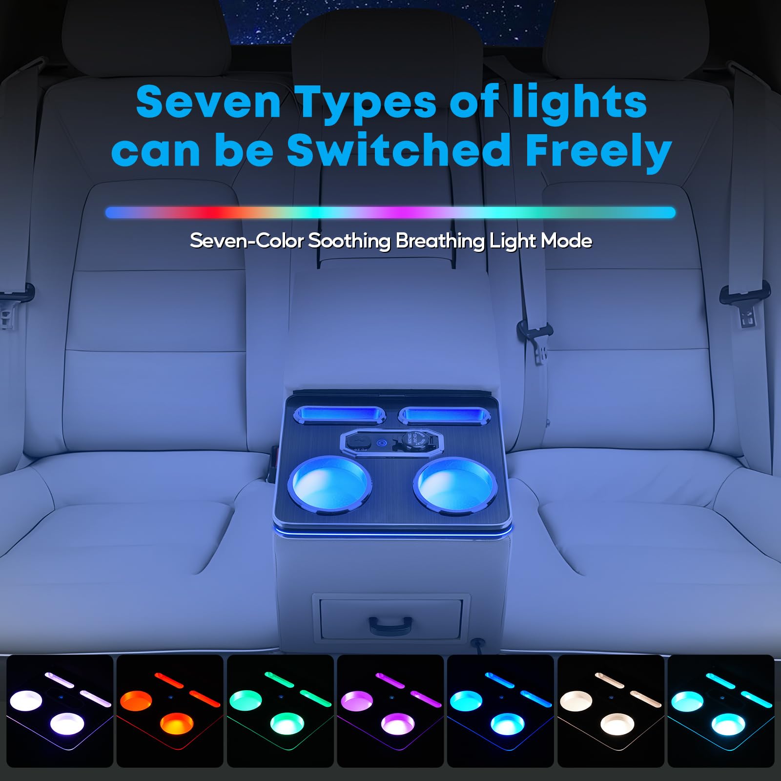 Universal Bench Seat Center Console Organizer with Fast Phone Charging & 7-Color Adjustable LED Lights - Car Storage Upgrade for Trucks, SUVs & Vans (Beige) - Perfect for Road Trips & Daily Commute