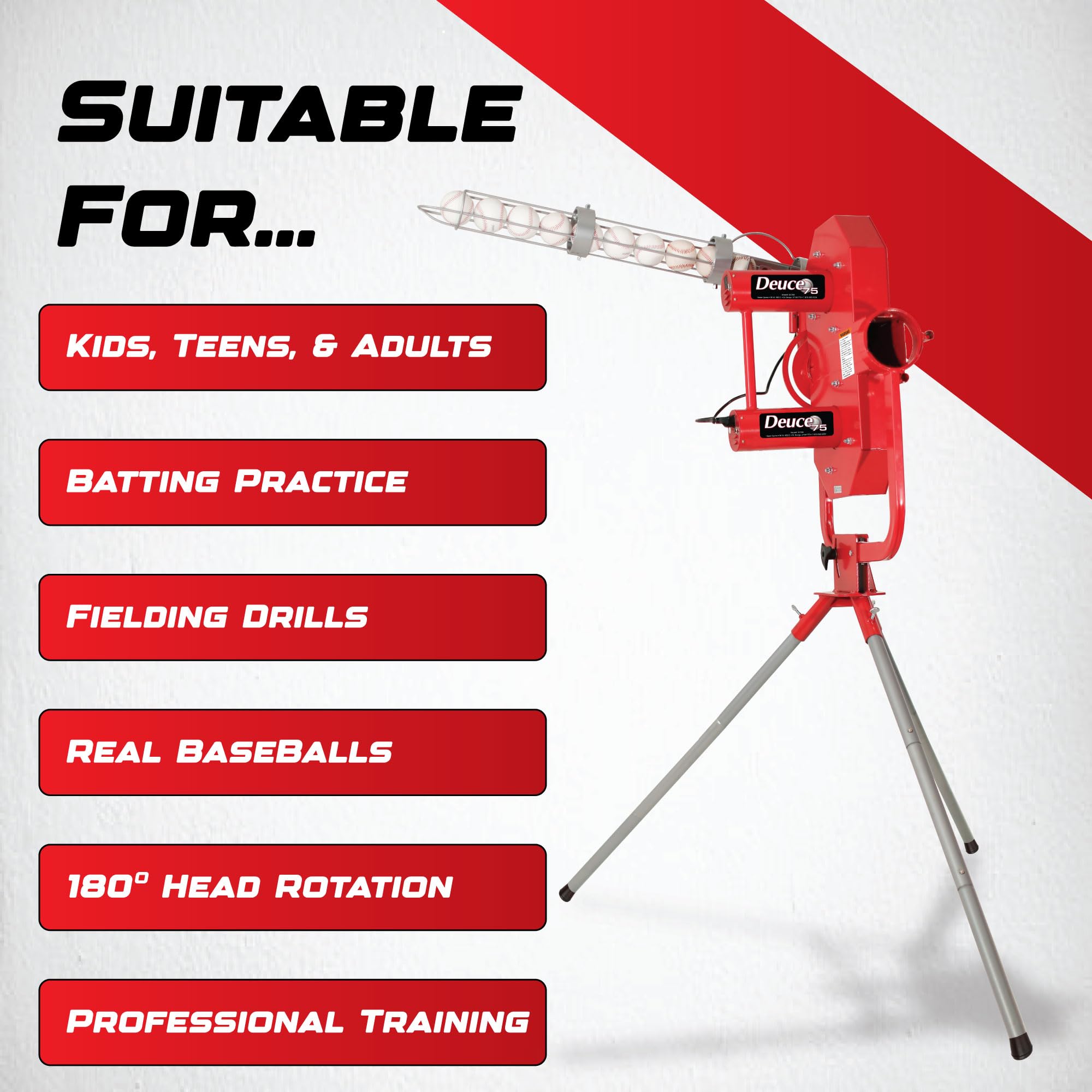 Heater Sports Deuce 75 MPH Adjustable Baseball Pitching Machine with Automatic Ball Feeder - Fastball & Curveball Pitching for All Ages | Training Equipment for Baseball Practice, Batting Cages & Backyard Drills