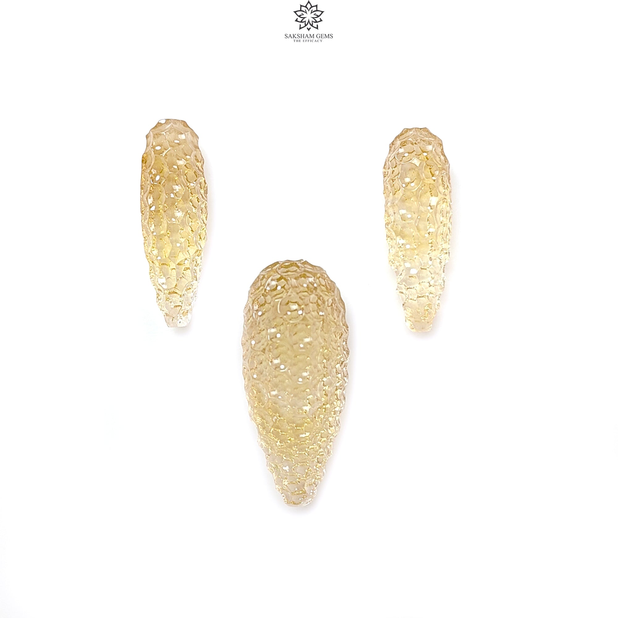 Natural Untreated Yellow Citrine Gemstone Carving - 42.40cts Hand Carved Teardrop Shape 23mm-28mm 3pc Set | November Birthstone Jewelry | Perfect for Necklace Pendants, Earrings & Gift Giving