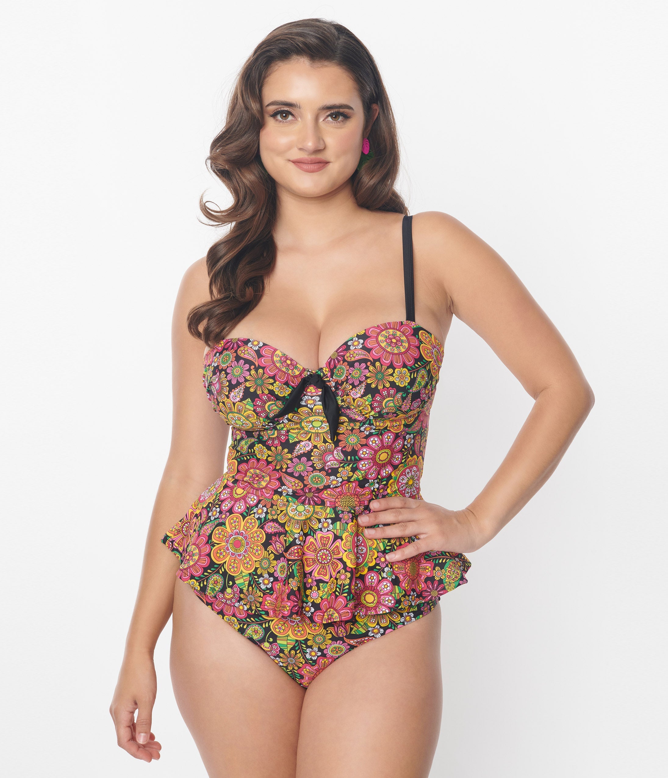 Vintage 1960s Kaleidoscope Floral Print Solana Tankini Swim Top - Retro Beachwear for Women, Pool Party & Summer Vacation Outfit