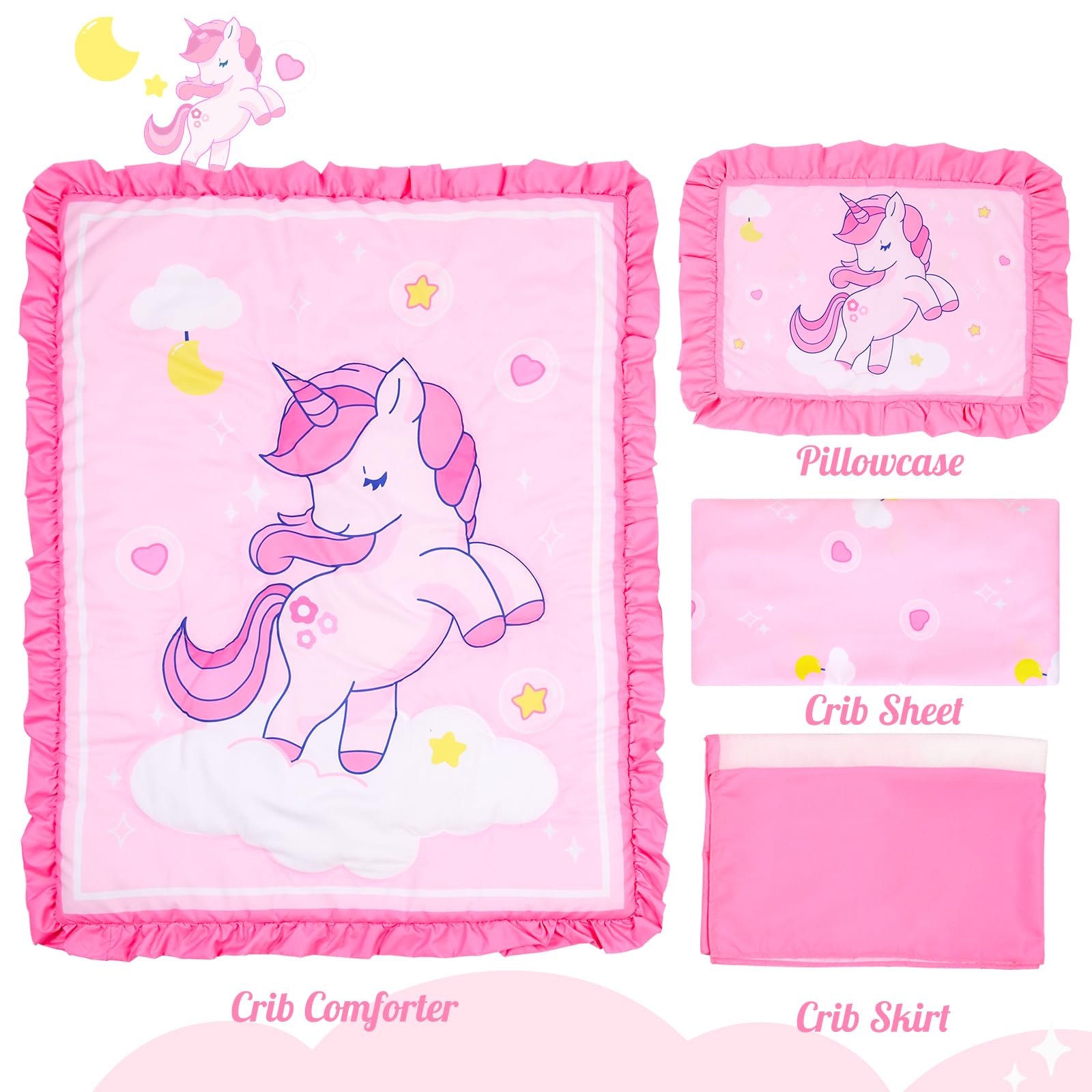 UOMNY 4-Piece Unicorn Crib Bedding Set for Baby Girls - Soft Comforter, Crib Sheet, Skirt & Pillowcase - Perfect for Nursery Decor & Newborn Gifts
