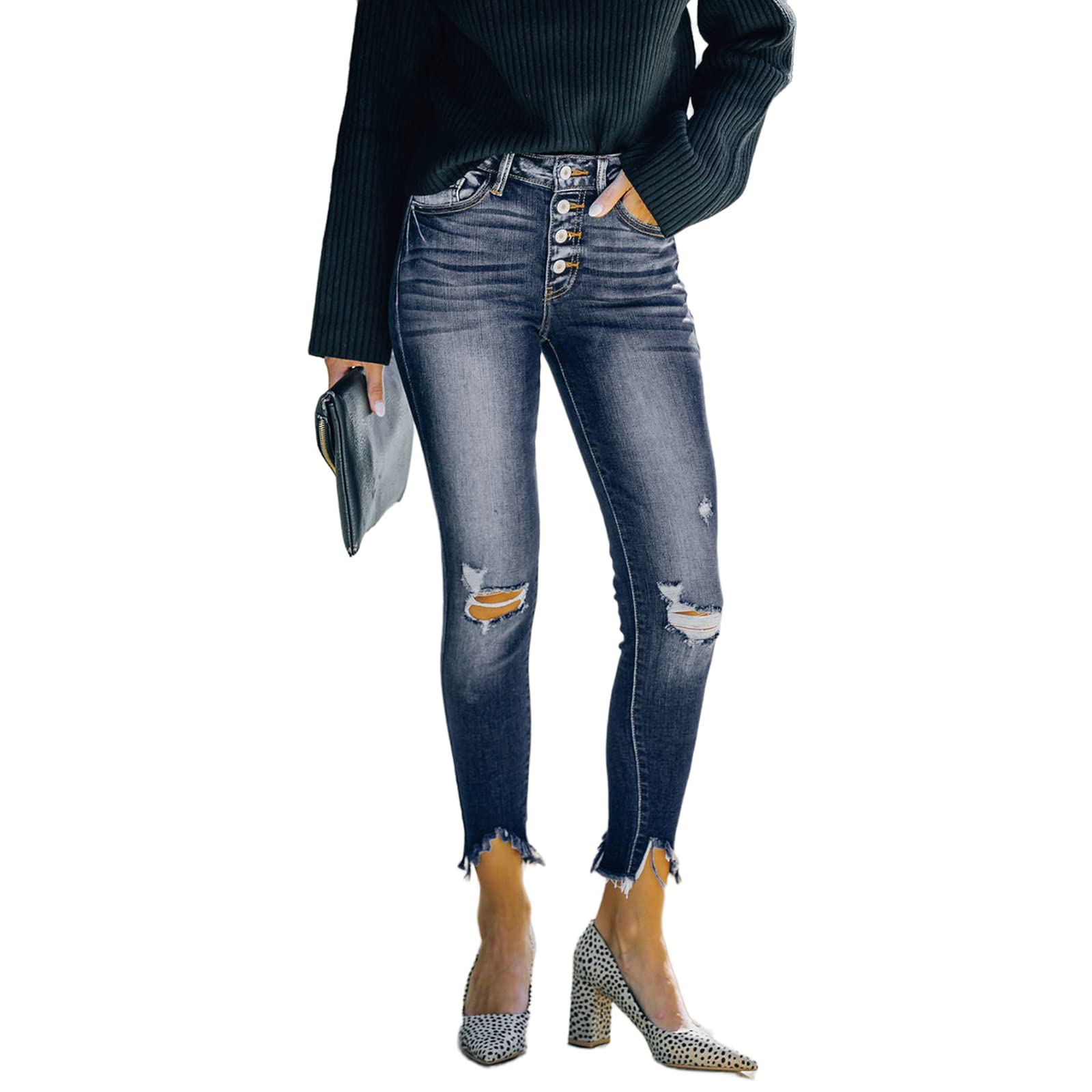 LONGYIDA Women's Ripped Stretch High Waist Skinny Jeans with Button Fly | Trendy Distressed Denim Pants for Casual Wear & Night Out